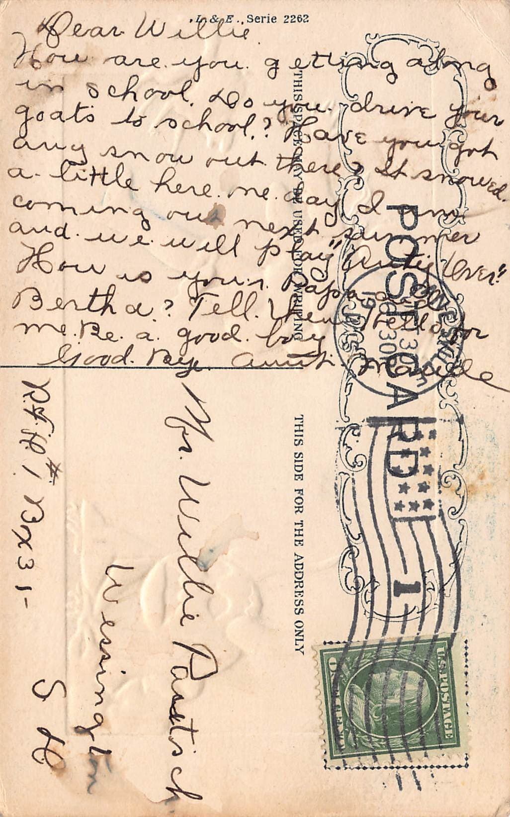 L&E Serie 2262, Divided Back, Halloween Spooks, 1908 Postmark - Back