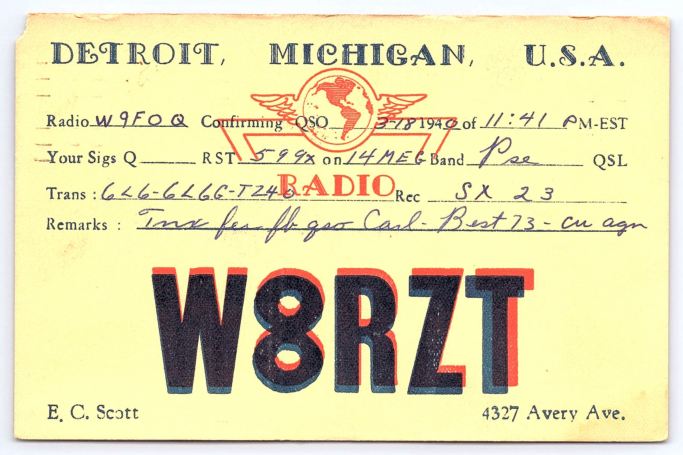 E.C. Scott QSL Card, Detroit, MI to Redfield, SD, 1940