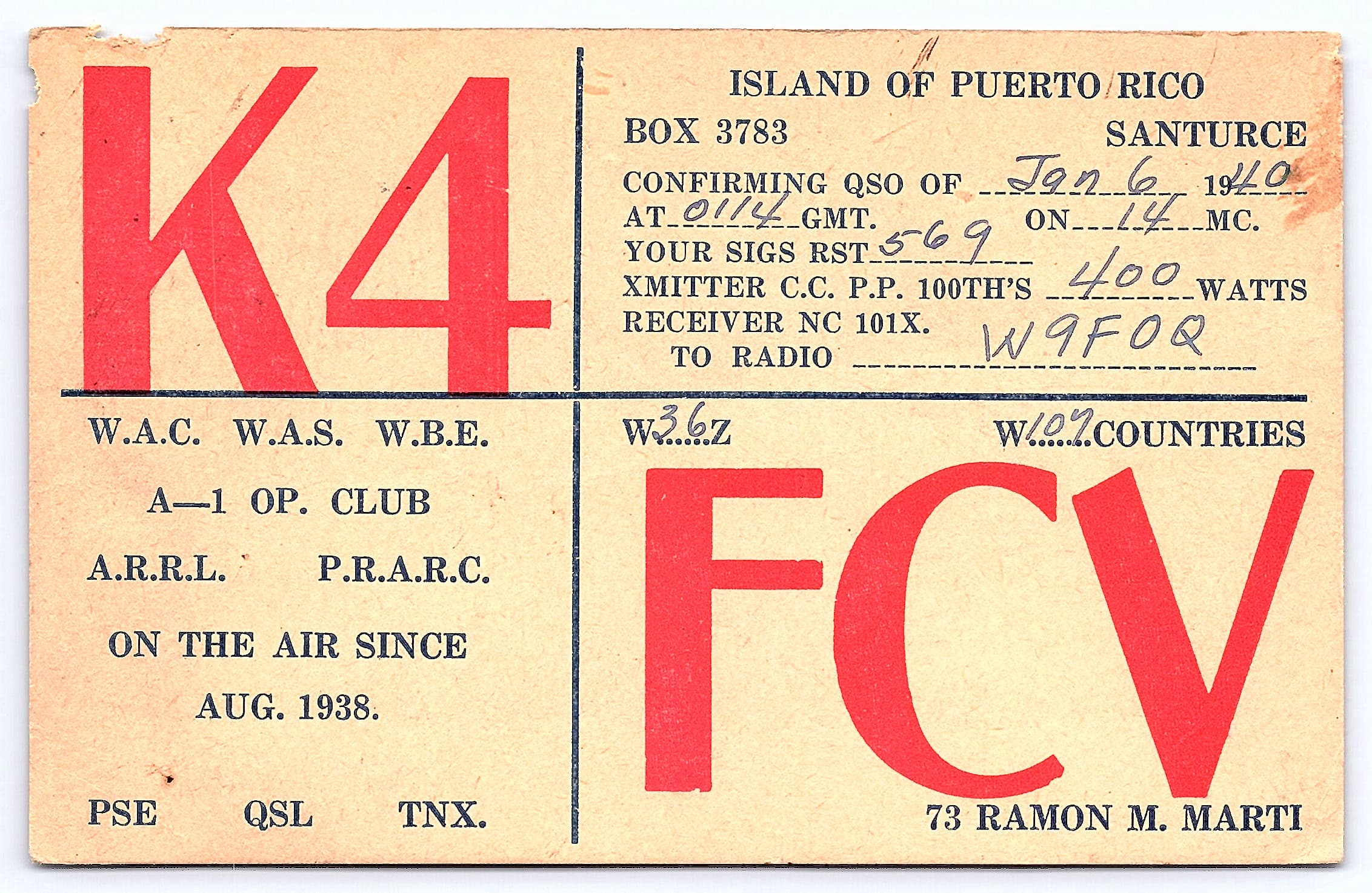 QSL Card, K4FCV, Puerto Rico, 1940 Postmark