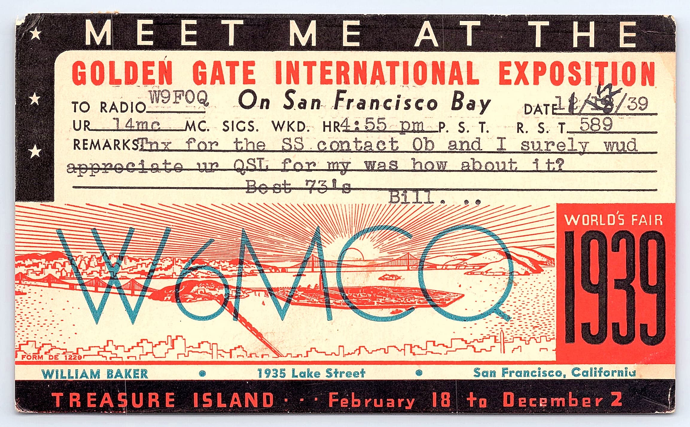 Golden Gate International Exposition QSL Card, San Francisco, 1939