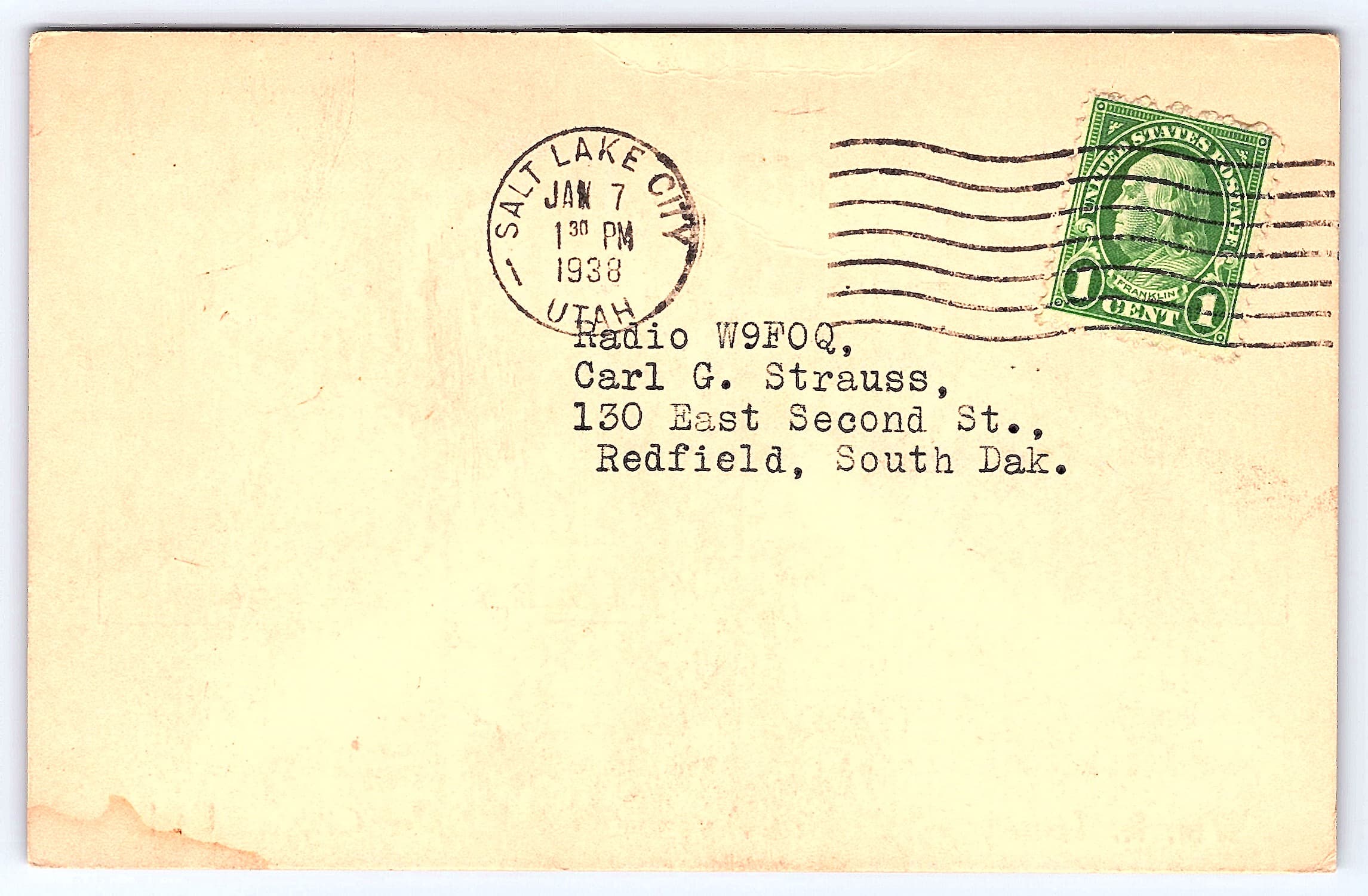 W6KOP Sweepstakes Contest QSL Card, Salt Lake City, 1938 Postmark - Back