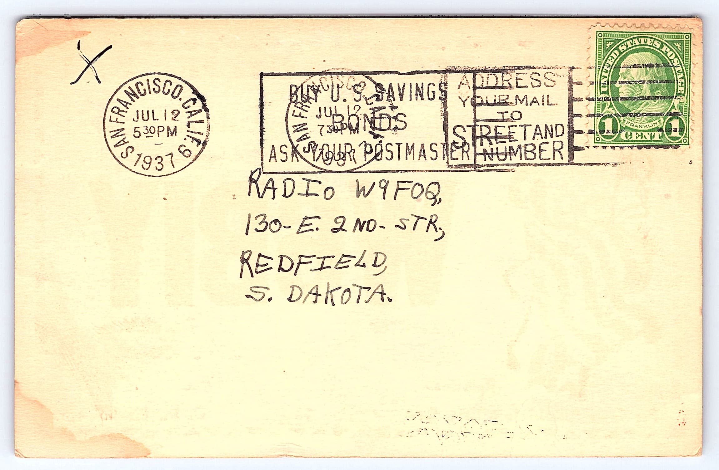 QSL Card W6BIY, San Francisco to Redfield, 1937 - Back