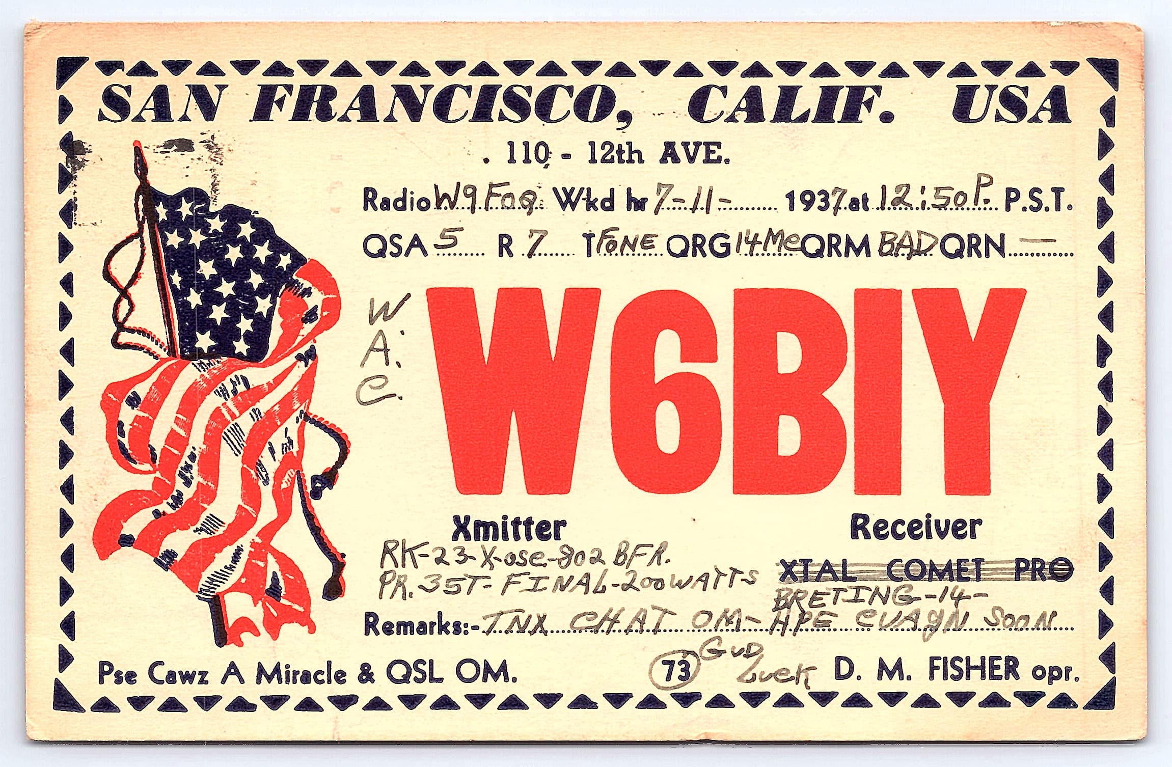 QSL Card W6BIY, San Francisco to Redfield, 1937