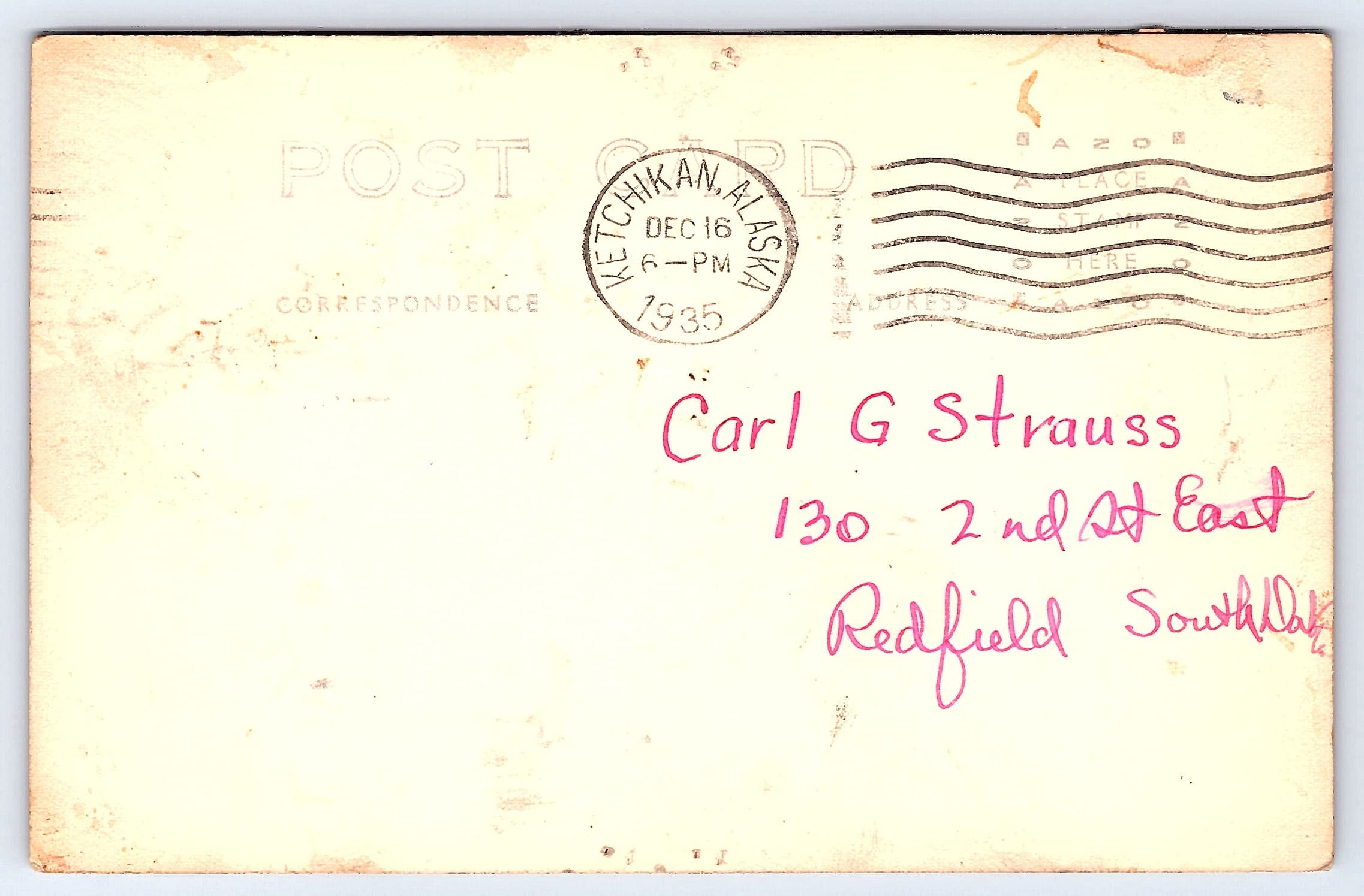 Greetings from Ketchikan, Alaska QSL Postcard, 1935 - Back