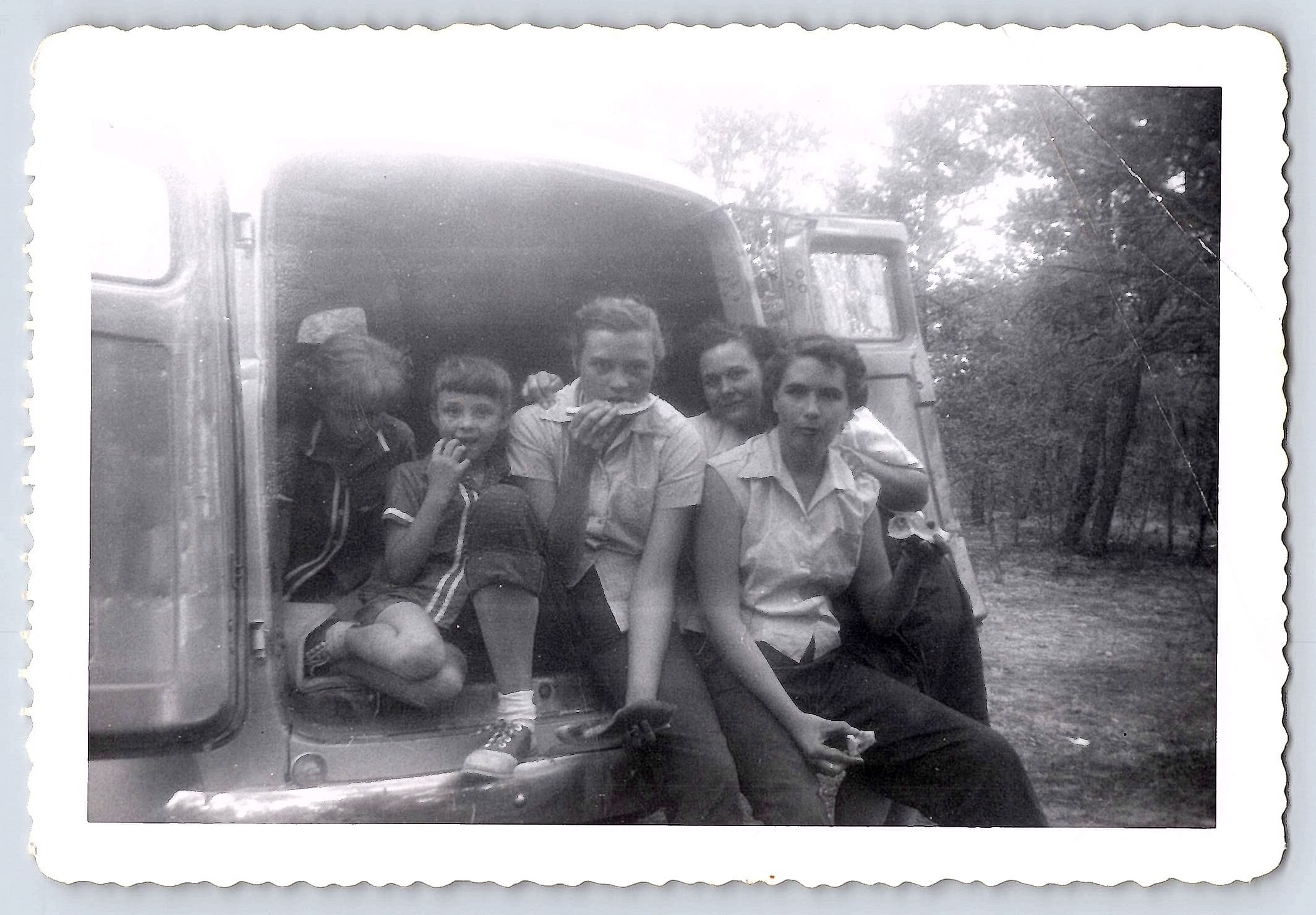 1950s Family Outing in Vehicle, Black and White, 3.5 × 5 inches