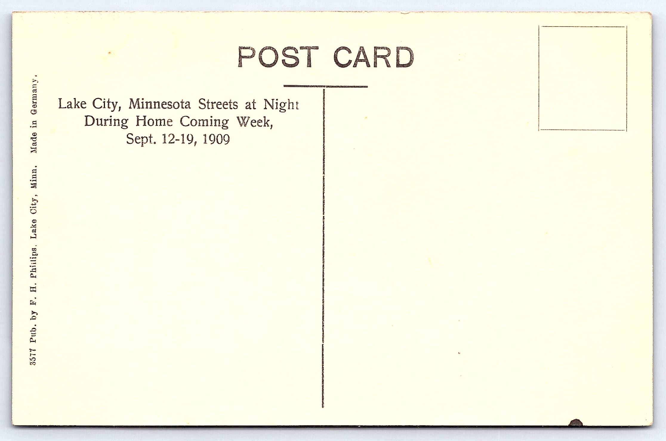 F. H. Phillips, Divided Back, Lake City MN Streets at Night, 1909 - Back