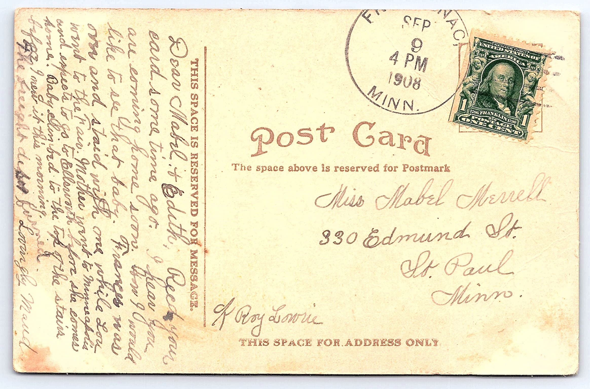 Central Point on Lake Pepin, Divided Back Postcard, Minnesota, 1908 - Back