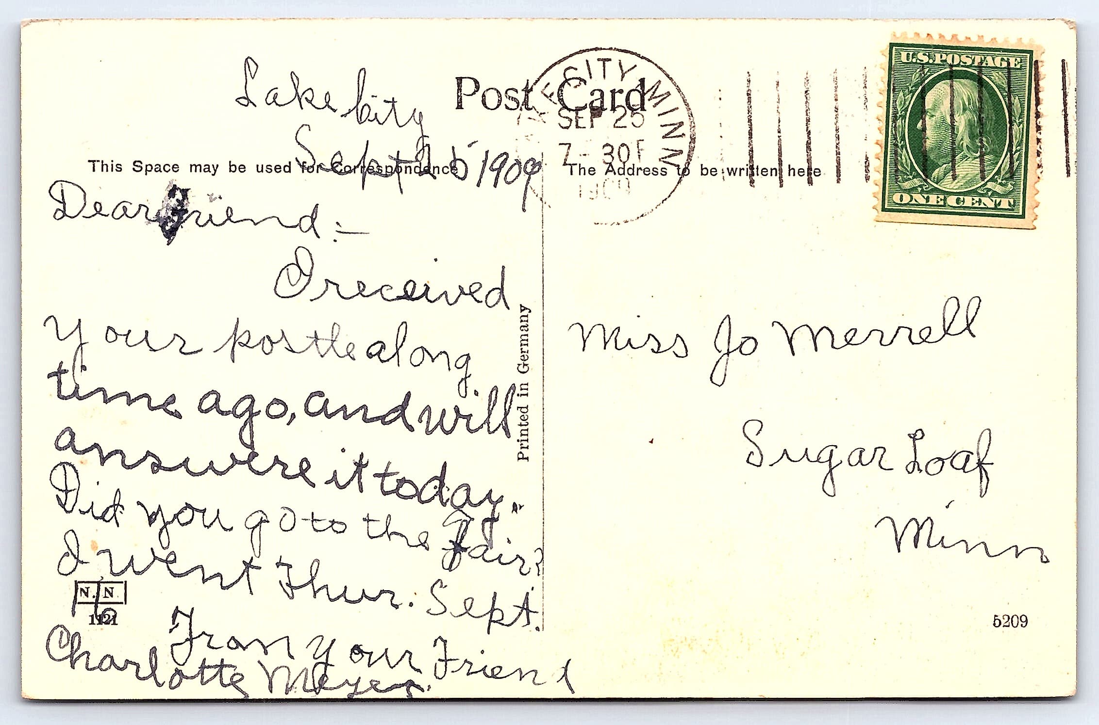 Printed in Germany, Divided Back, Creek near Lake City, Minn, 1909 - Back