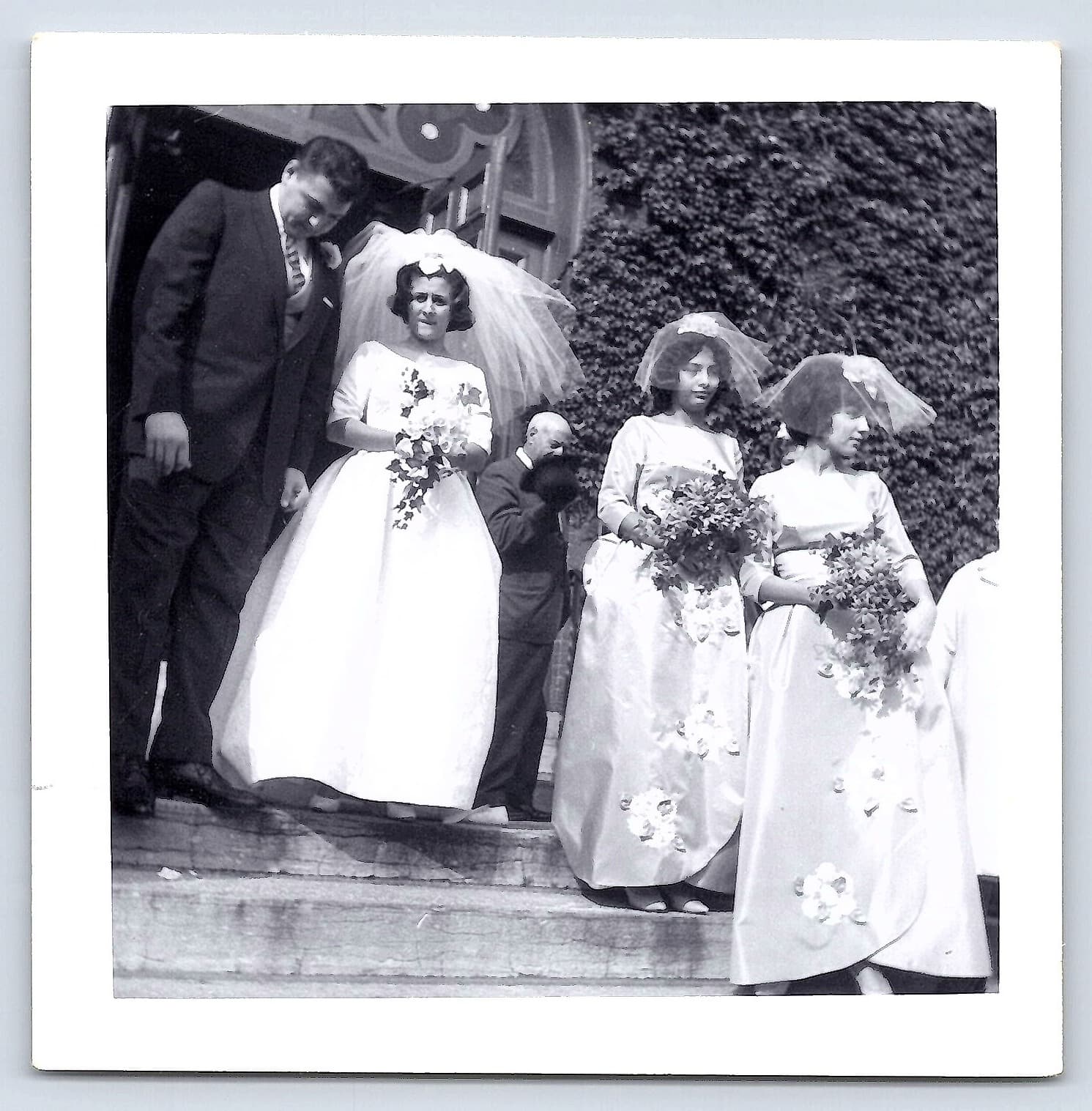 1960s Wedding Party Photograph, Black and White, 3.5 × 3.5 inches