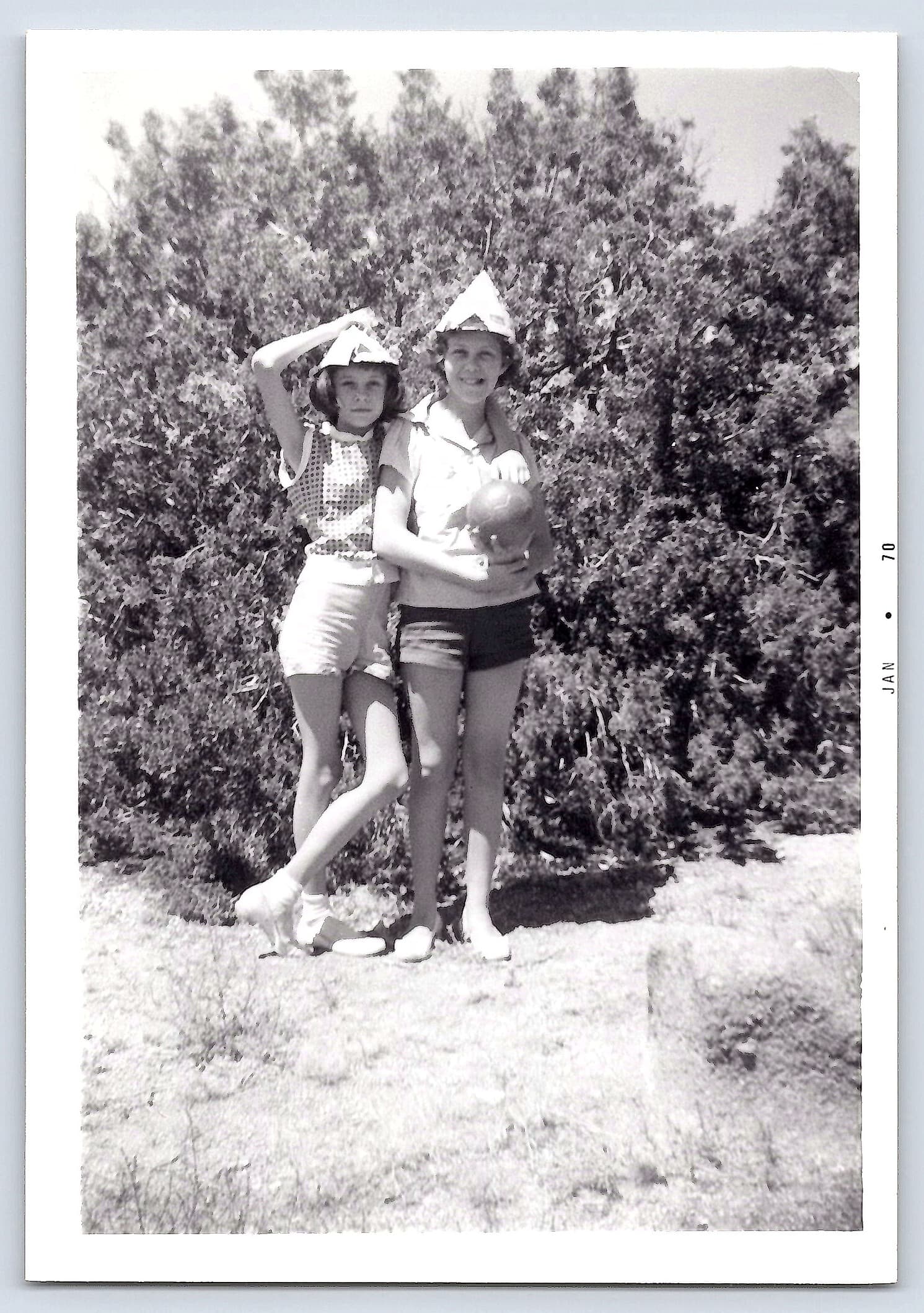 1970s Snapshot of Two Girls Outdoors, 3.5 × 5 inches