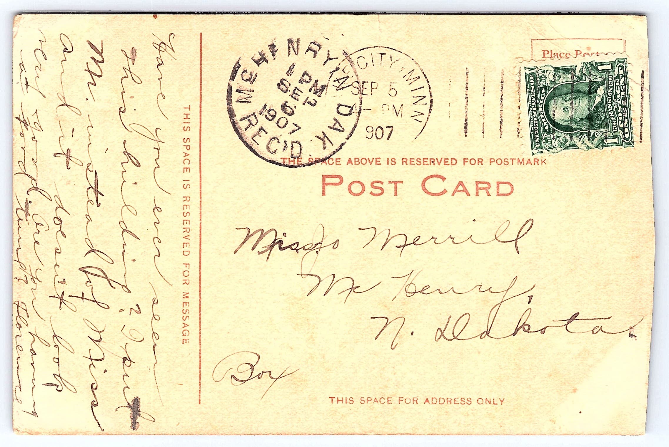 Kropp, Divided Back, City Hall, Lake City, Minn., 1907 Postmark - Back