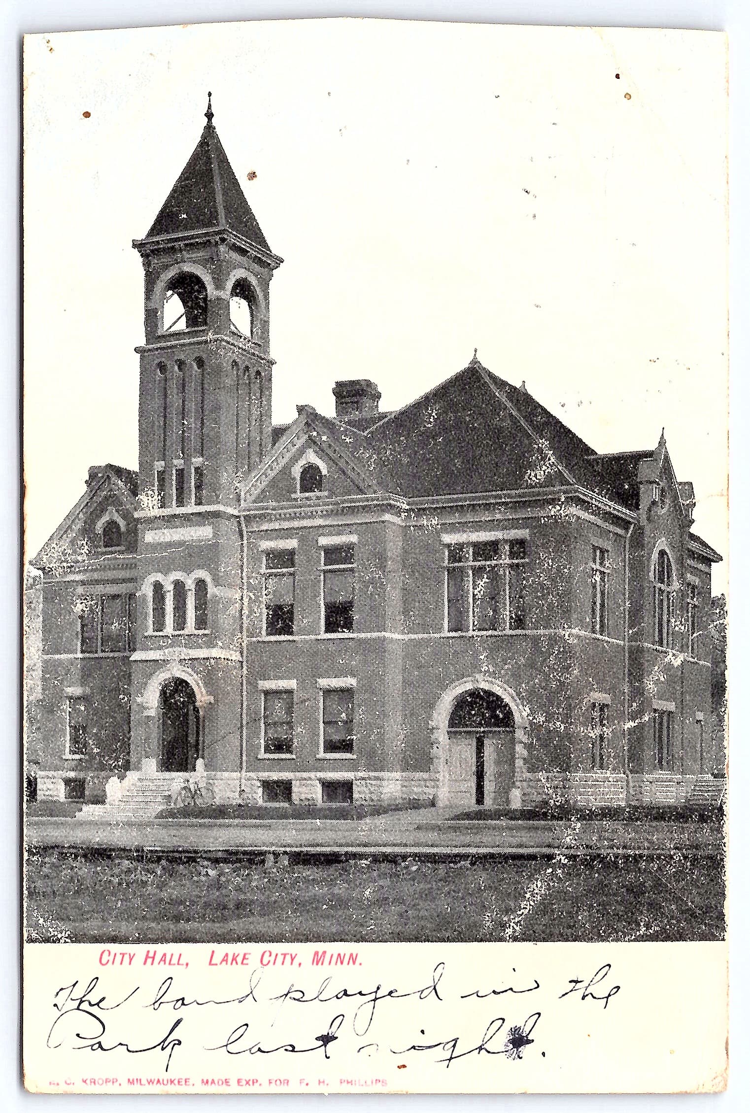 Kropp, Divided Back, City Hall, Lake City, Minn., 1907 Postmark