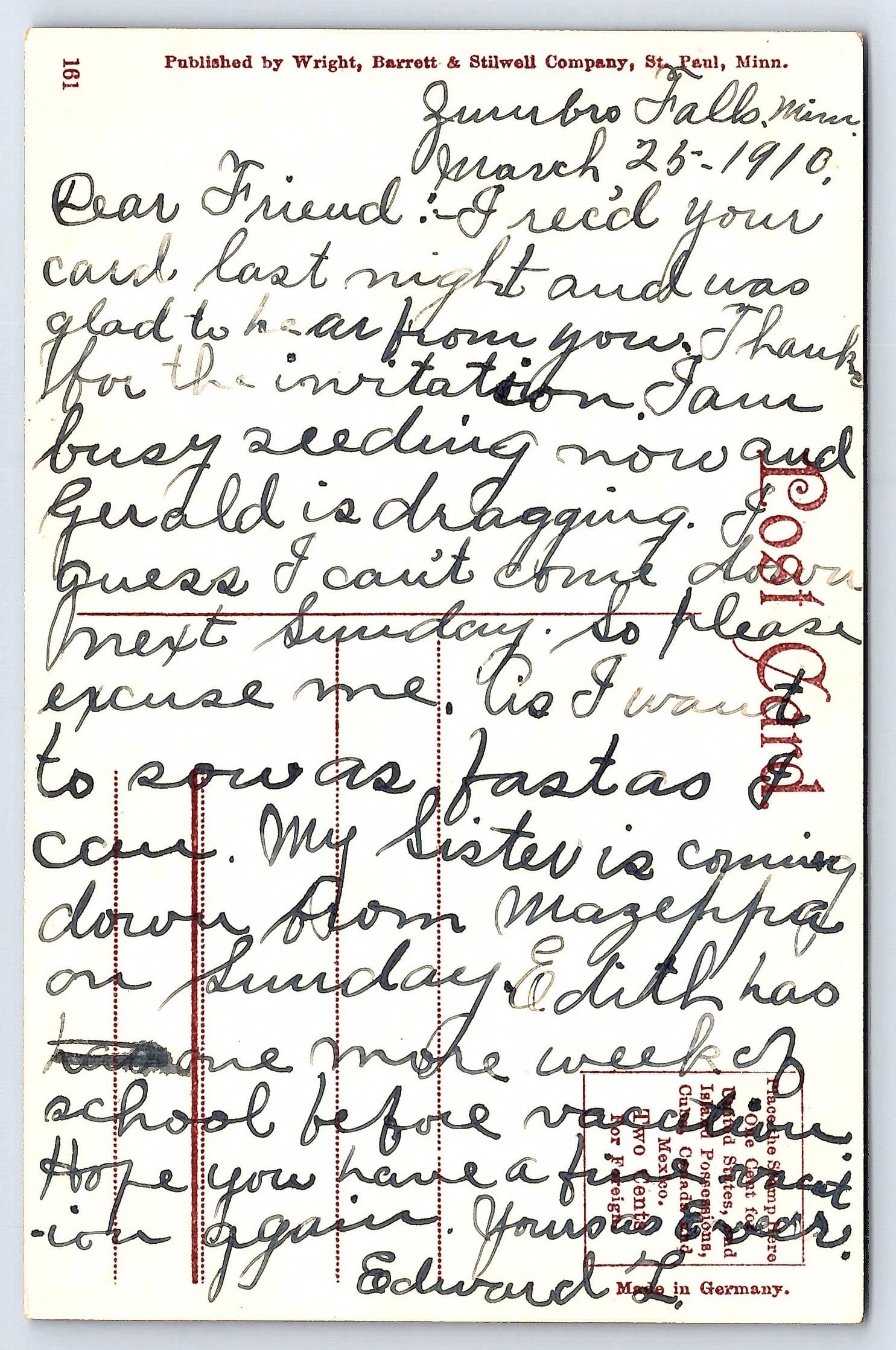 Wright, Barrett & Stilwell Co., Divided Back, St. Paul Levee, 1910 - Back