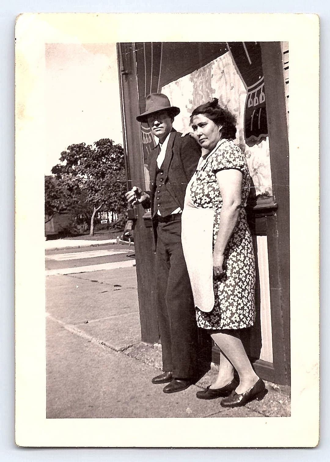 Couple Posing Outside, Black and White Photograph, 2.46" × 3.54", 1940s