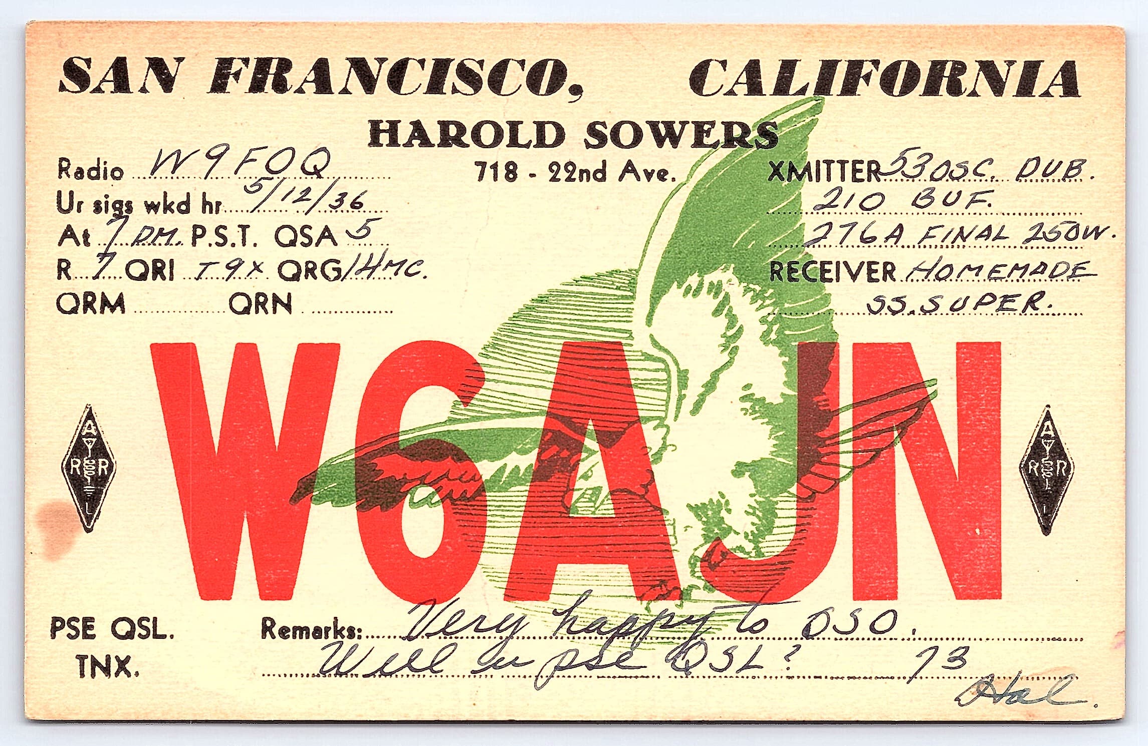 Harold Sowers QSL Card, San Francisco, 1936, Radio Communication