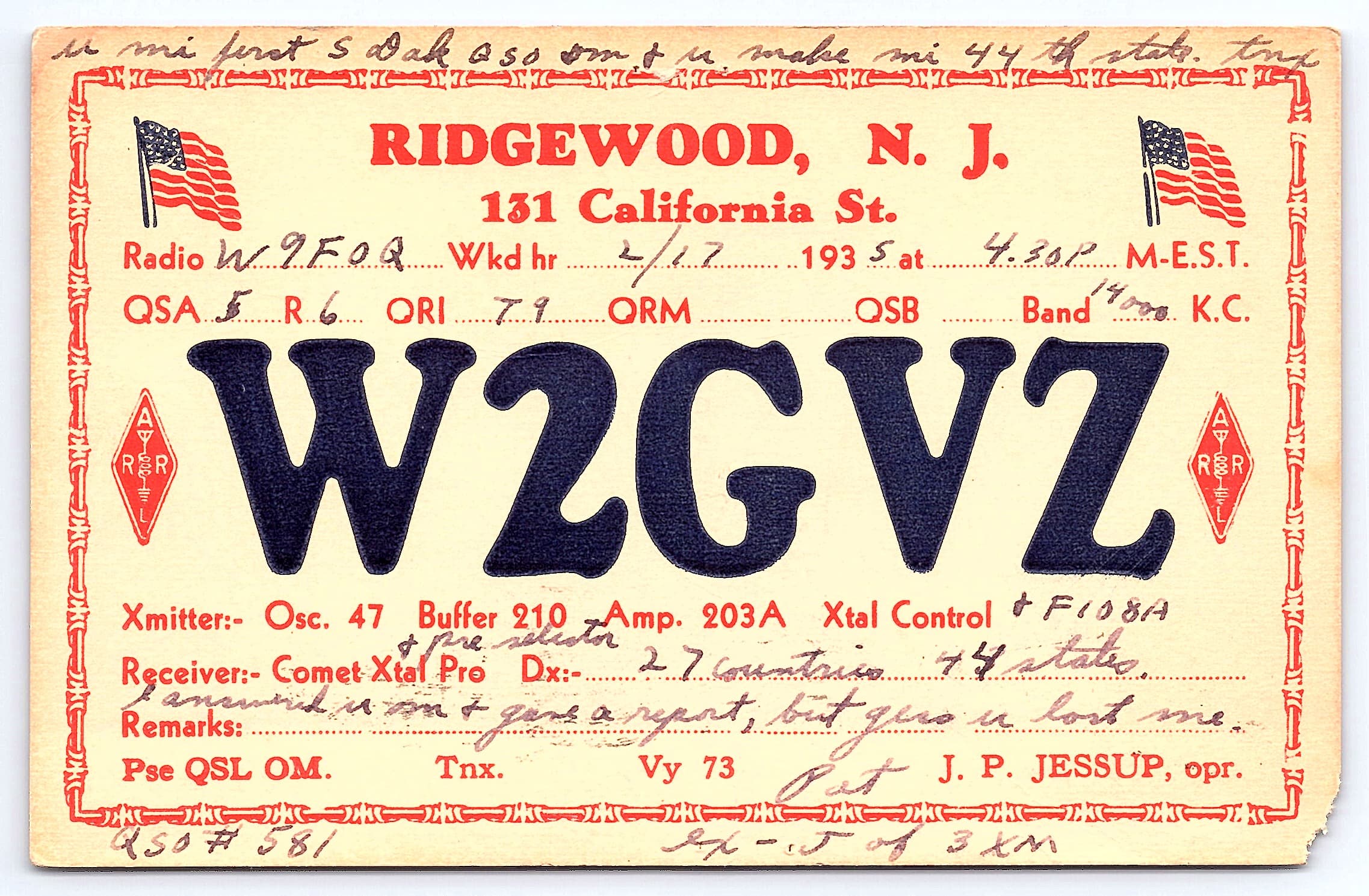 W2GVZ QSL Card, Ridgewood NJ, 1935, Ham Radio Communication