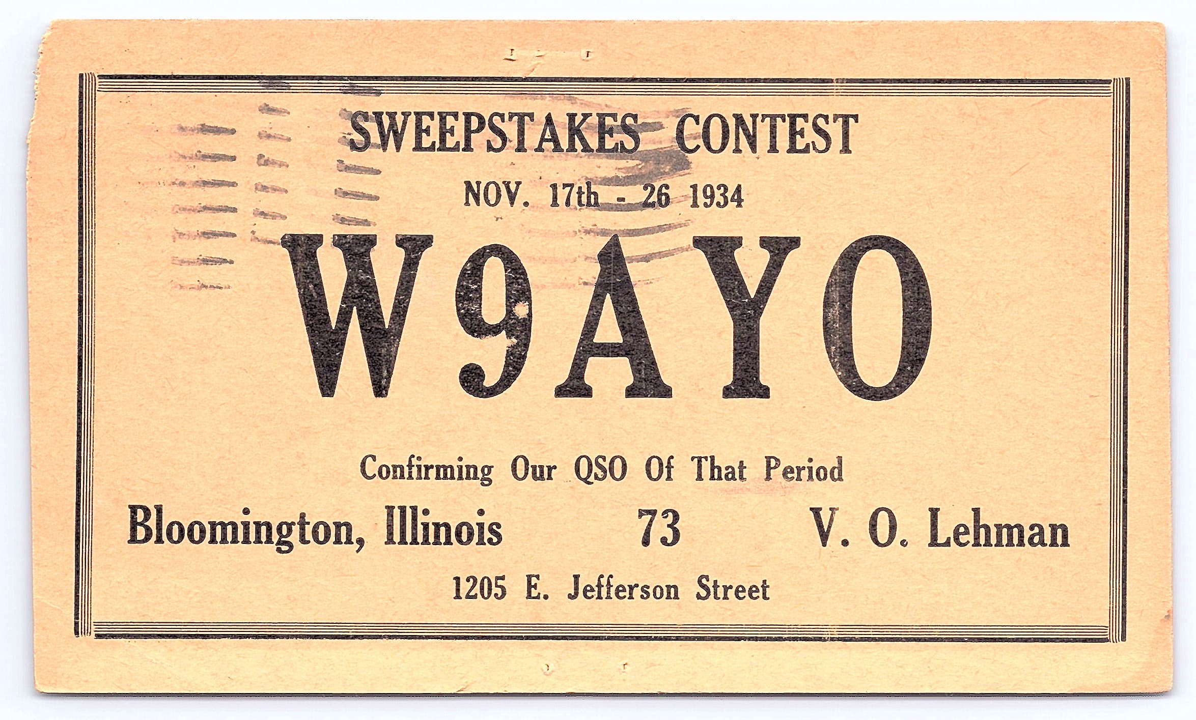 W9AYO Sweepstakes Contest QSL Card, Bloomington IL, 1934-1935
