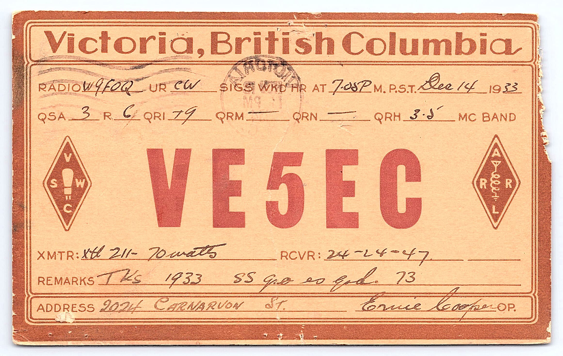 VE5EC QSL Card, Victoria BC, 1933-1934, Radio Communication