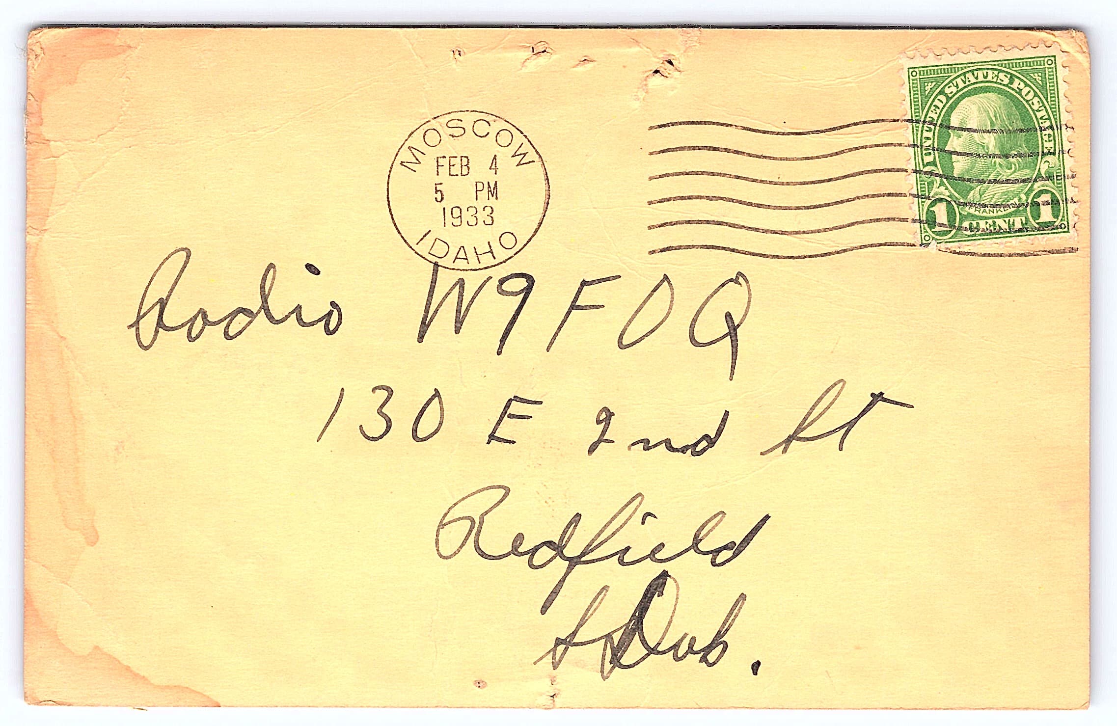 Maleco QSL Card, Moscow Idaho, 1933 Postmark - Back