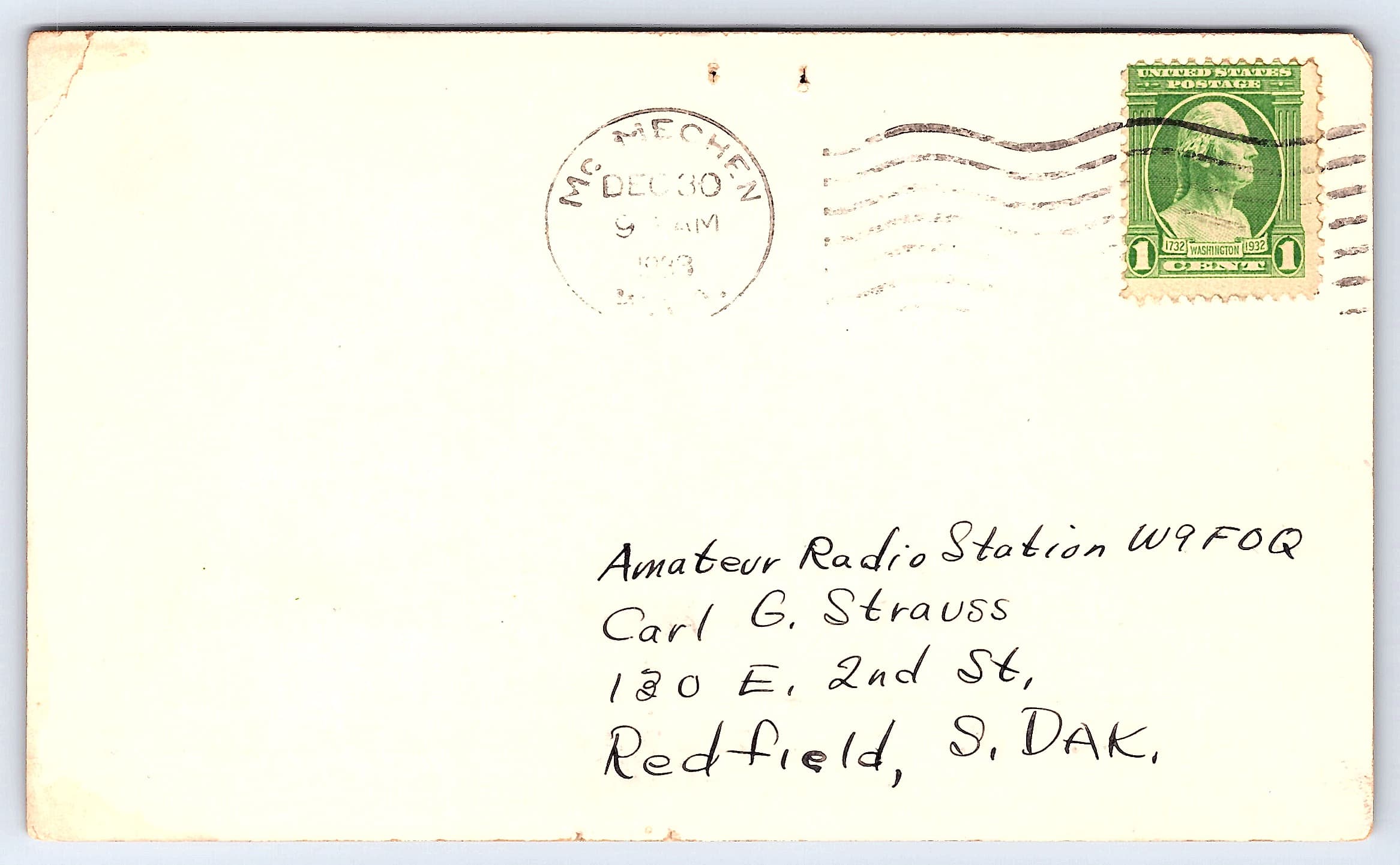 W9FOQ QSL Card, McMechen WV, 1933 Postmark, Amateur Radio Confirmation - Back