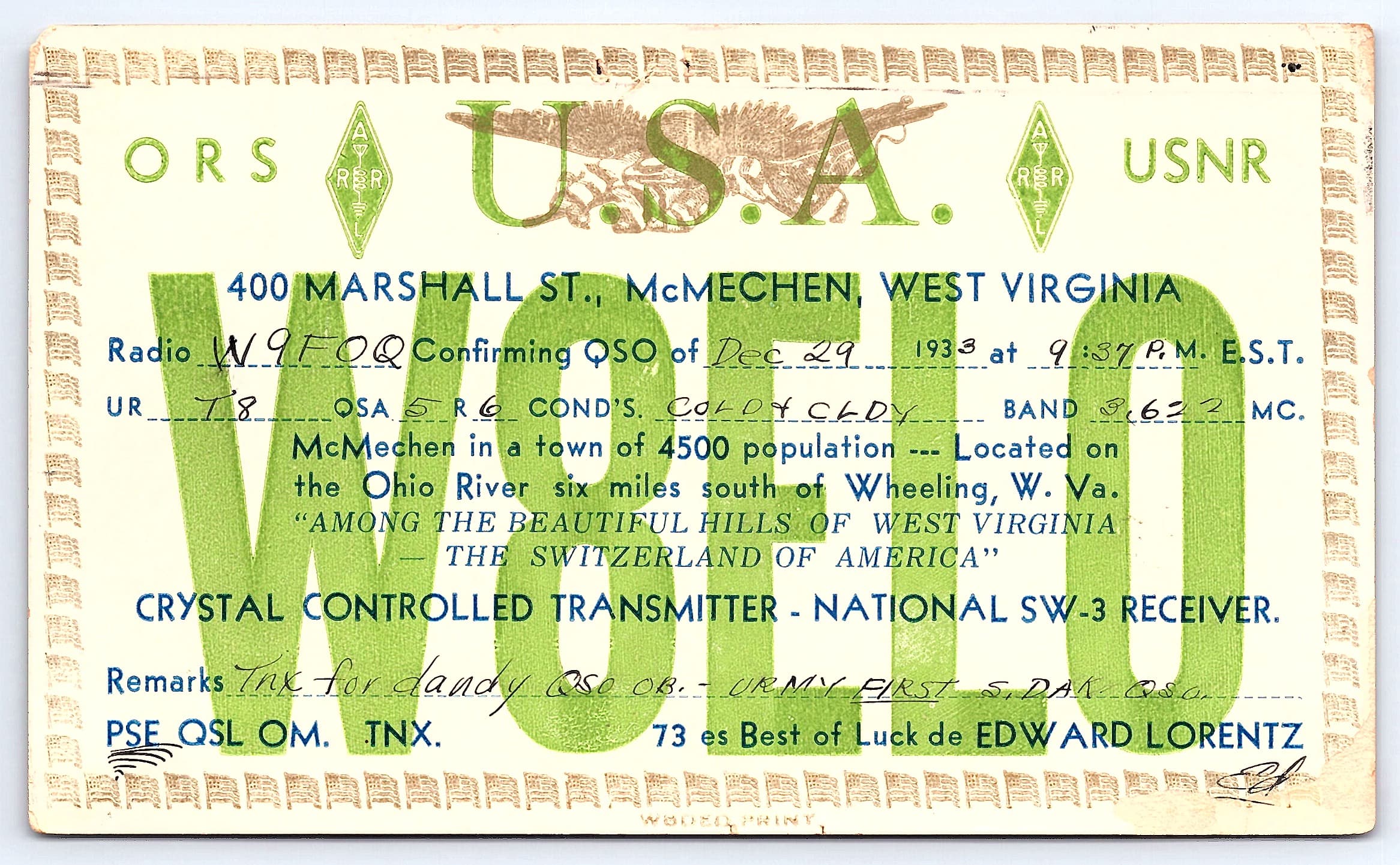 W9FOQ QSL Card, McMechen WV, 1933 Postmark, Amateur Radio Confirmation