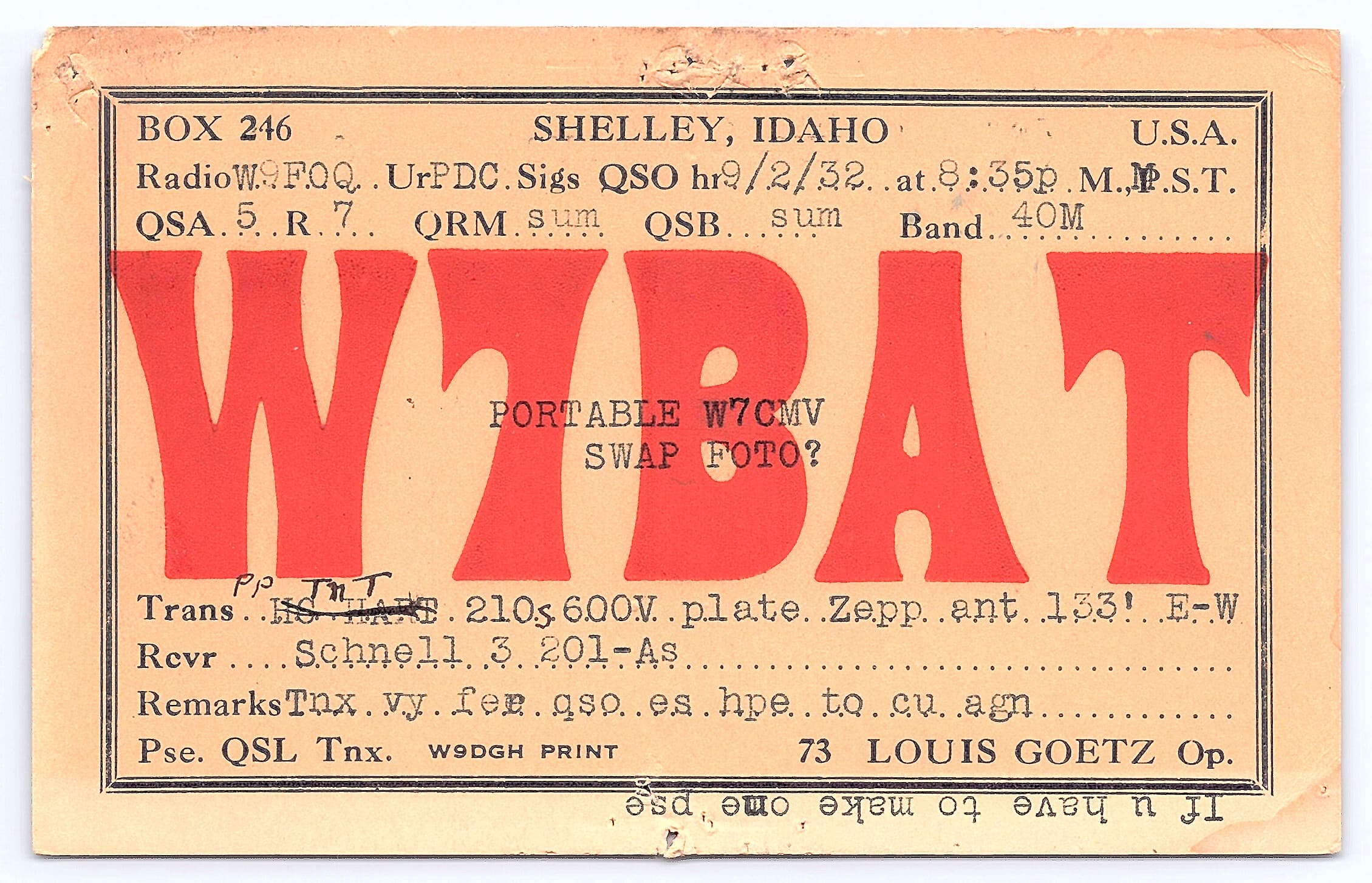 W9BAT QSL Card, Shelley, Idaho, 1932 Postmark