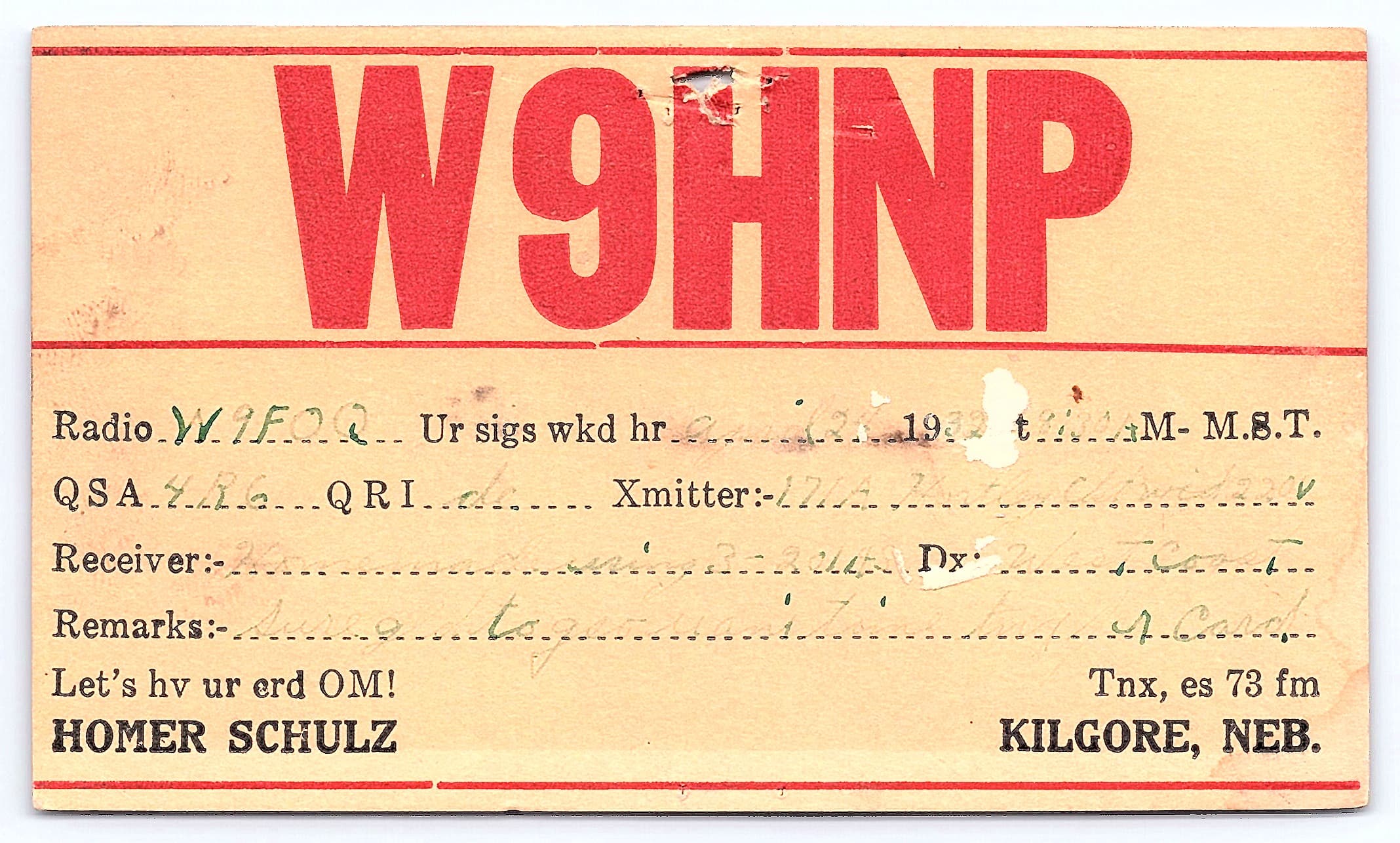 Homer Schulz QSL Card, RPPC, Kilgore NE, 1933 Postmark