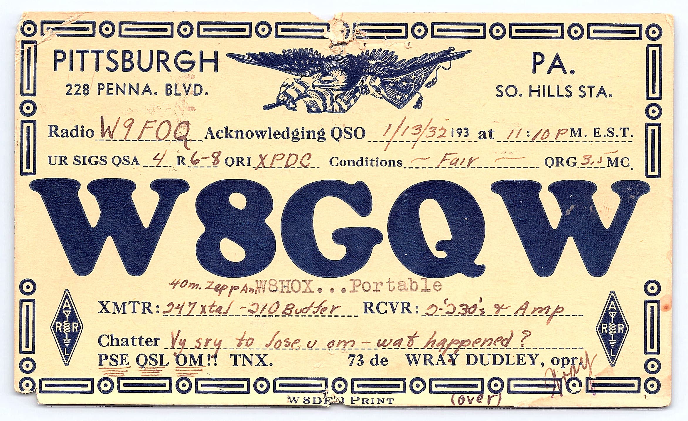 W8GQW QSL Card, Pittsburgh PA, 1933 Postmark