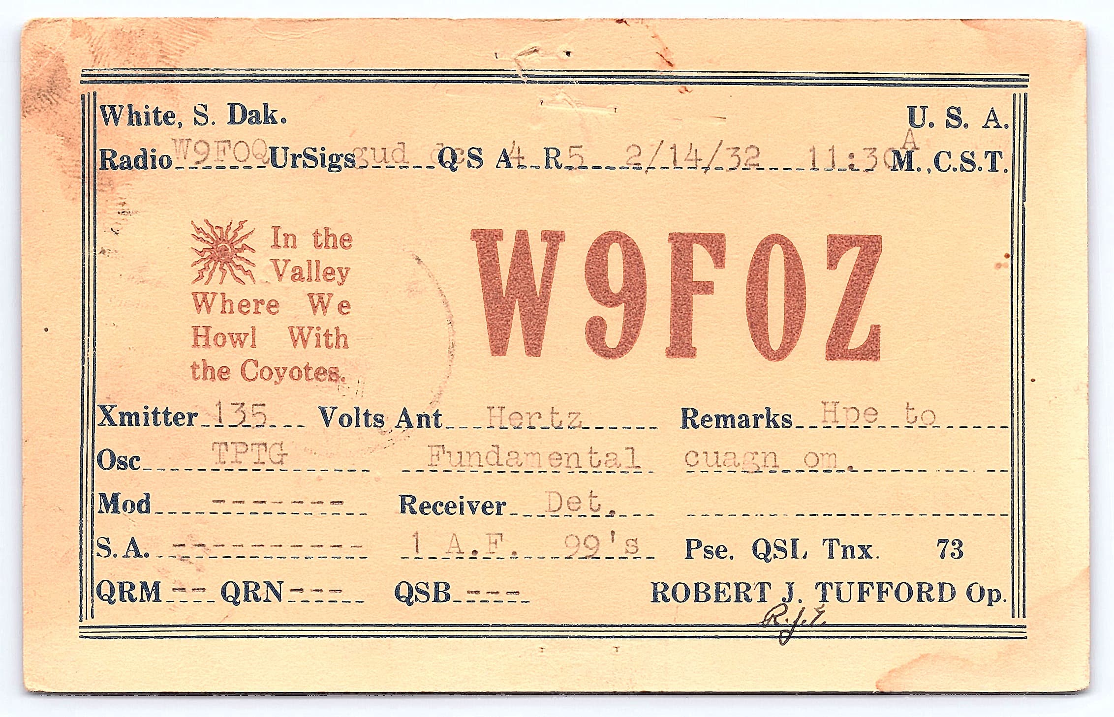 W9FOZ QSL Card, White SD, 1932, Amateur Radio Communication