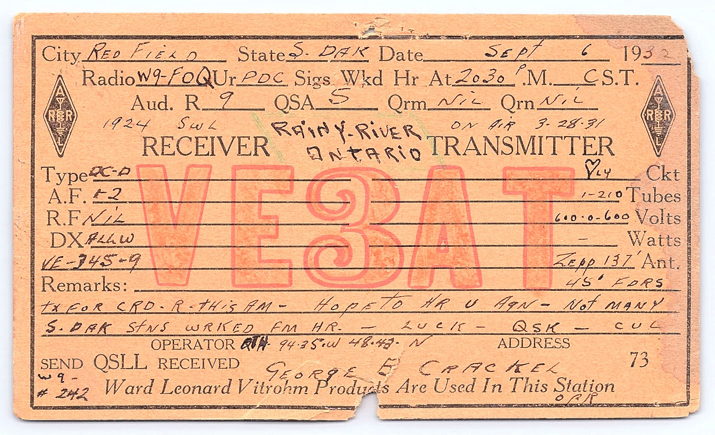 Ward Leonard Vitrohm QSL Card, VE3AT, Redfield SD, 1932