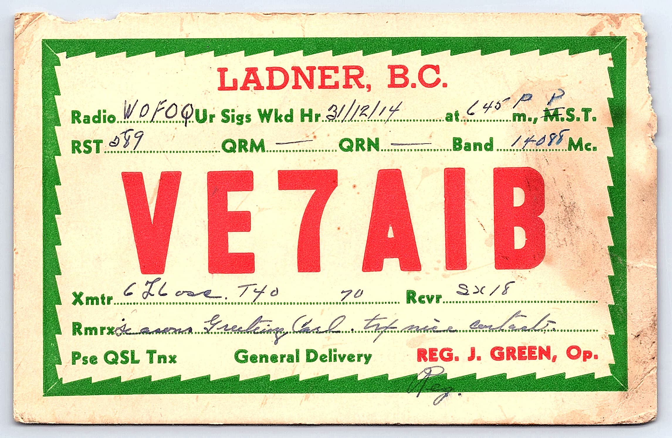 Reg. J. Green QSL Card, VE7AIB, Ladner BC, 1934