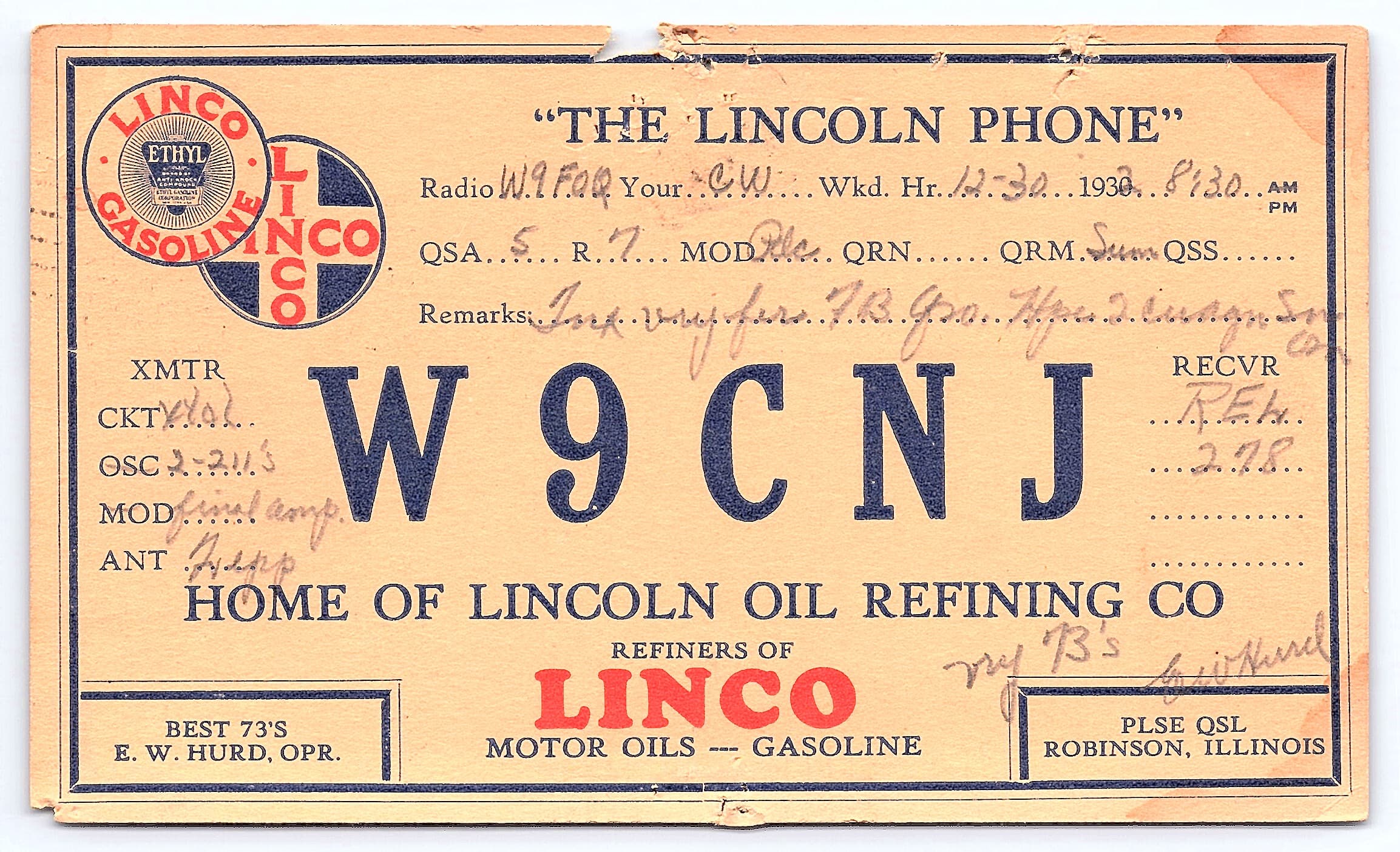 E.W. Hurd QSL Card, Linco Gasoline, Robinson IL, 1930 Postmark