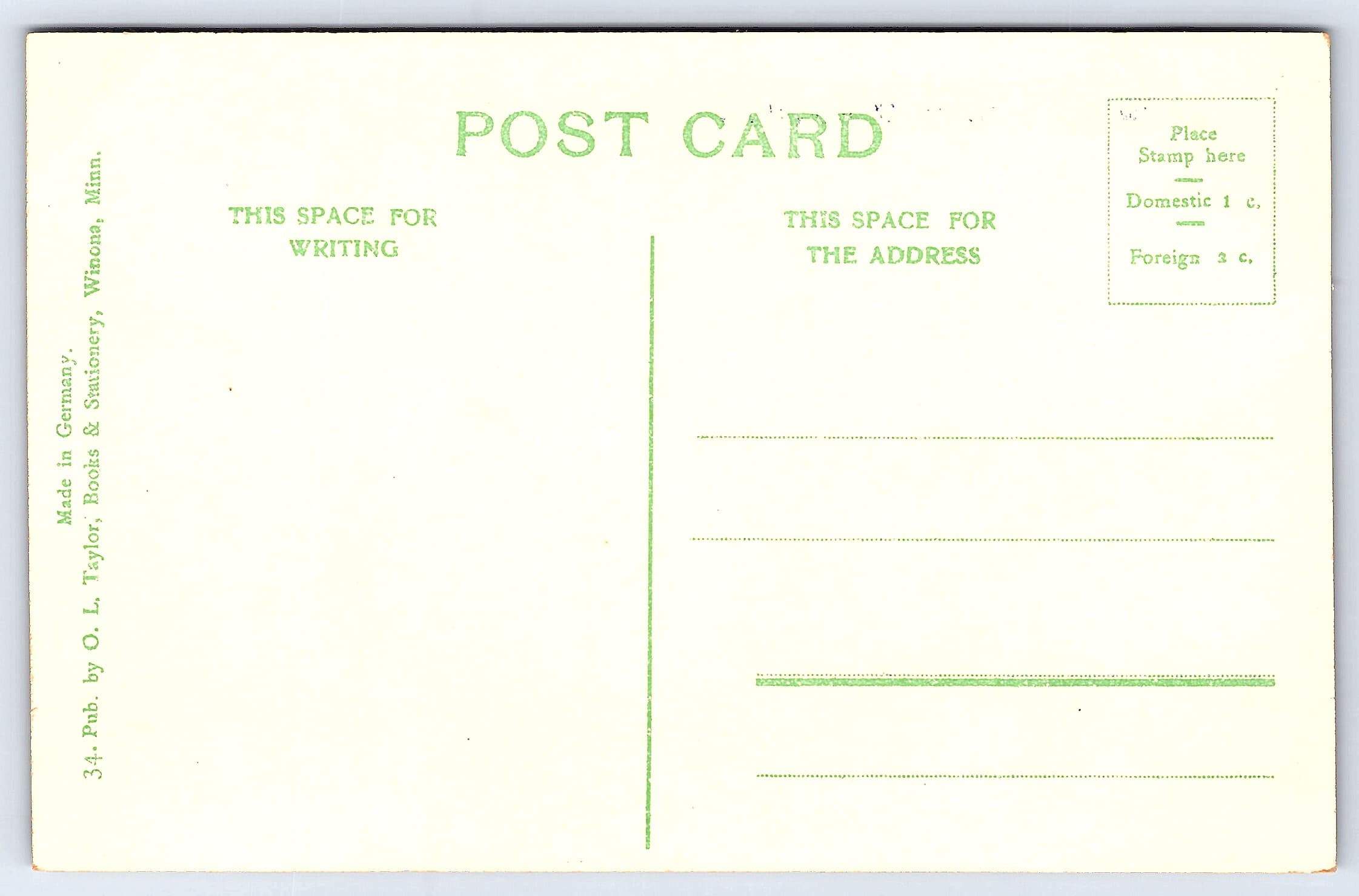 O.L. Taylor Divided Back Postcard, West Burns Valley, Winona, Minn, c.1907 - Back