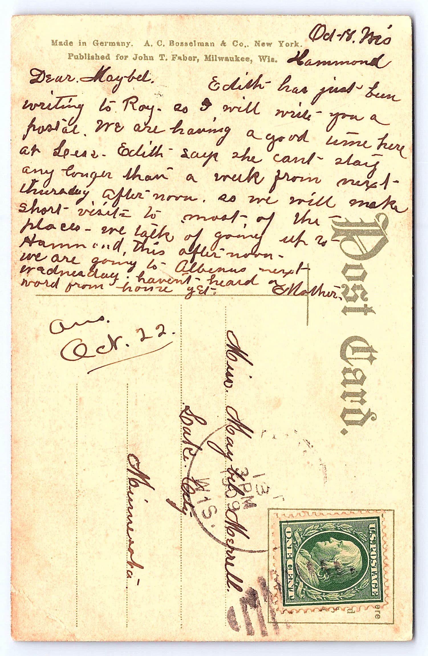 A.C. Bosselman & Co. Divided Back Postcard, Lake Harriet, Minneapolis, 1910 - Back