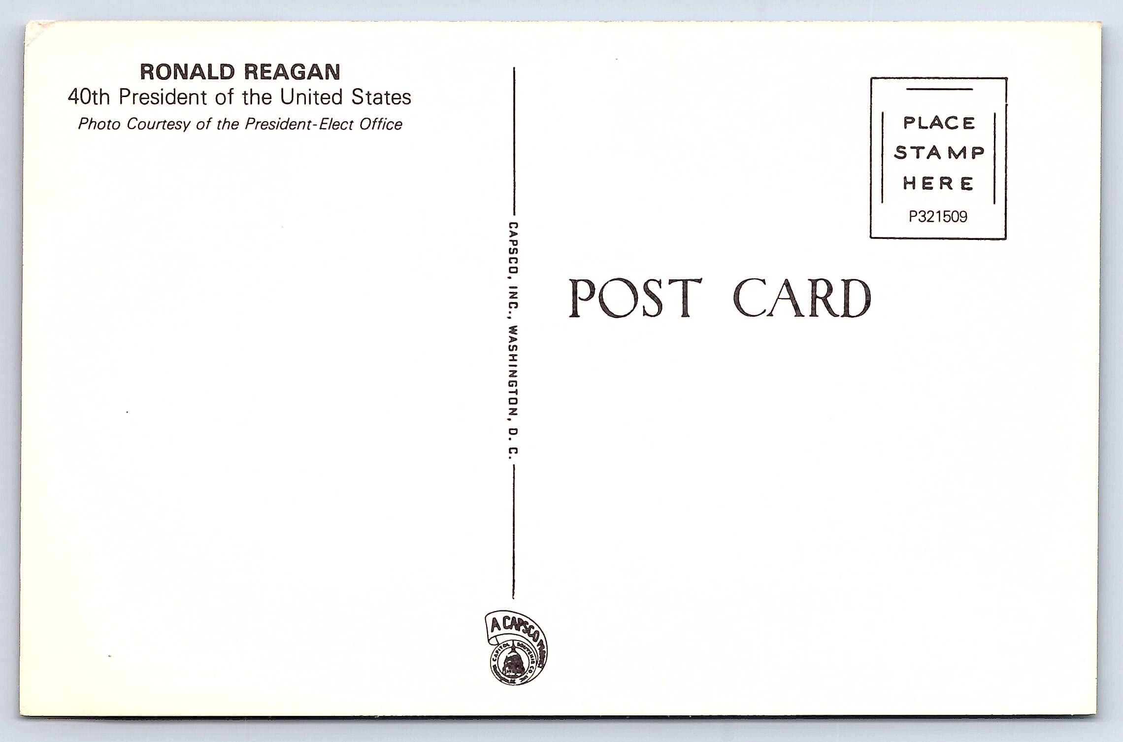 CAPSCO Inc. Chrome Postcard, Ronald Reagan, Washington D.C., 1980s - Back