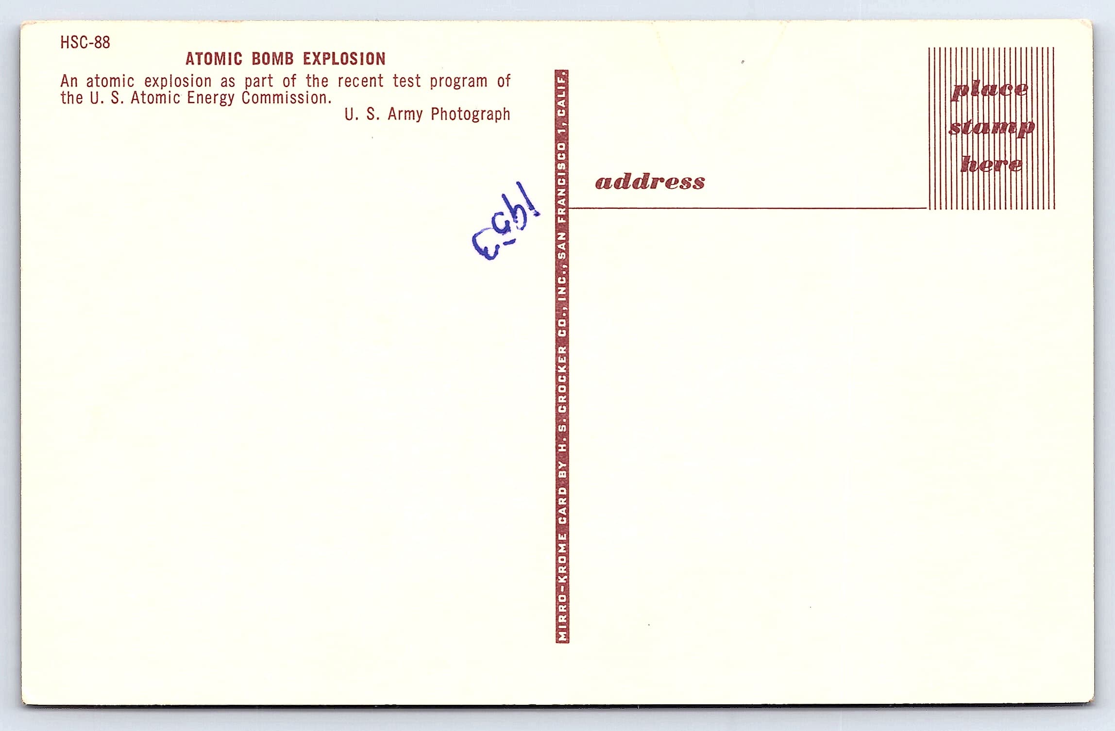 H.S. Crocker Co., Chrome Postcard, Atomic Bomb Explosion, 1950s - Back