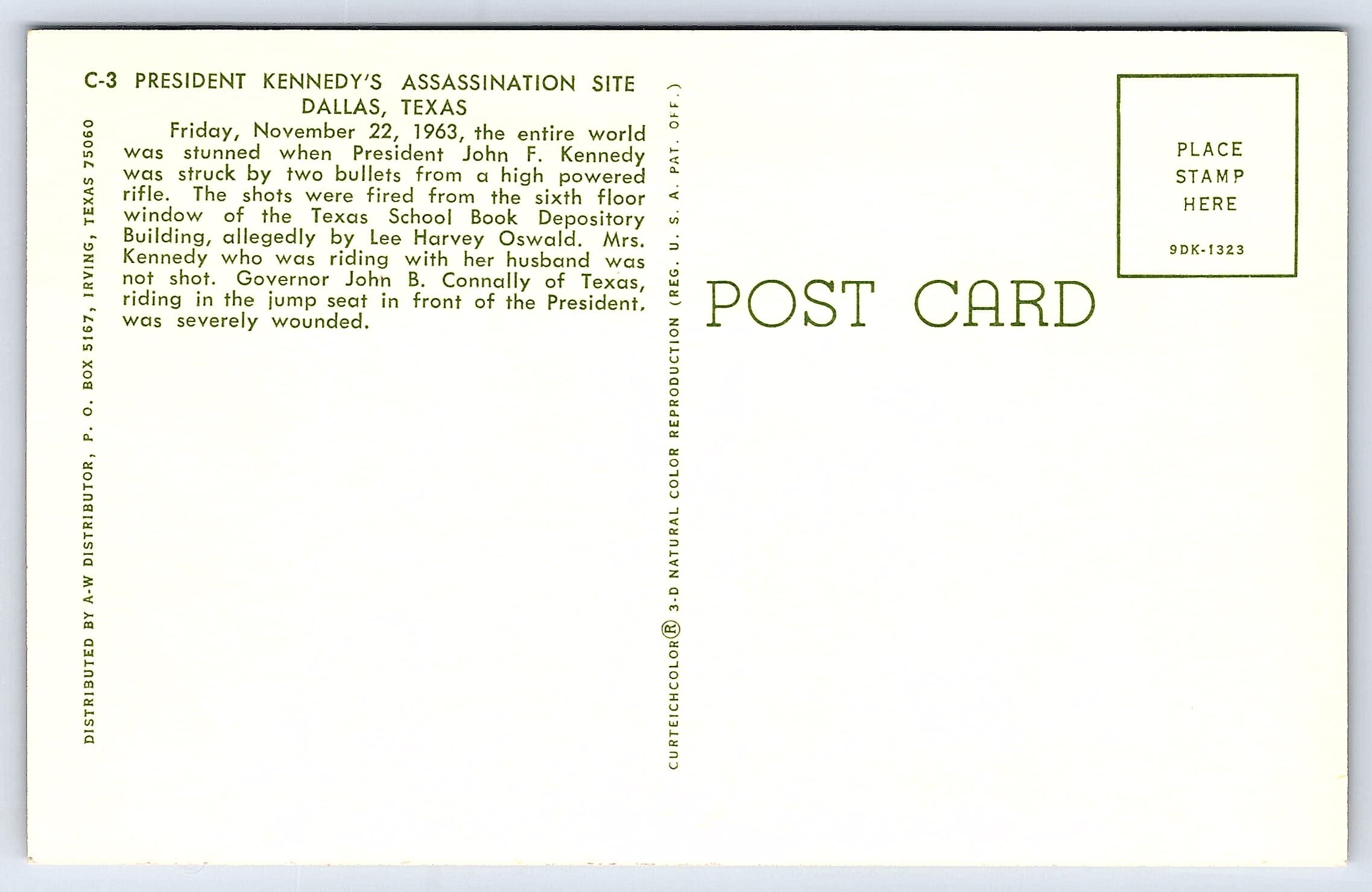 Curteichcolor Linen Postcard, JFK Assassination Site, Dallas, 1960s - Back