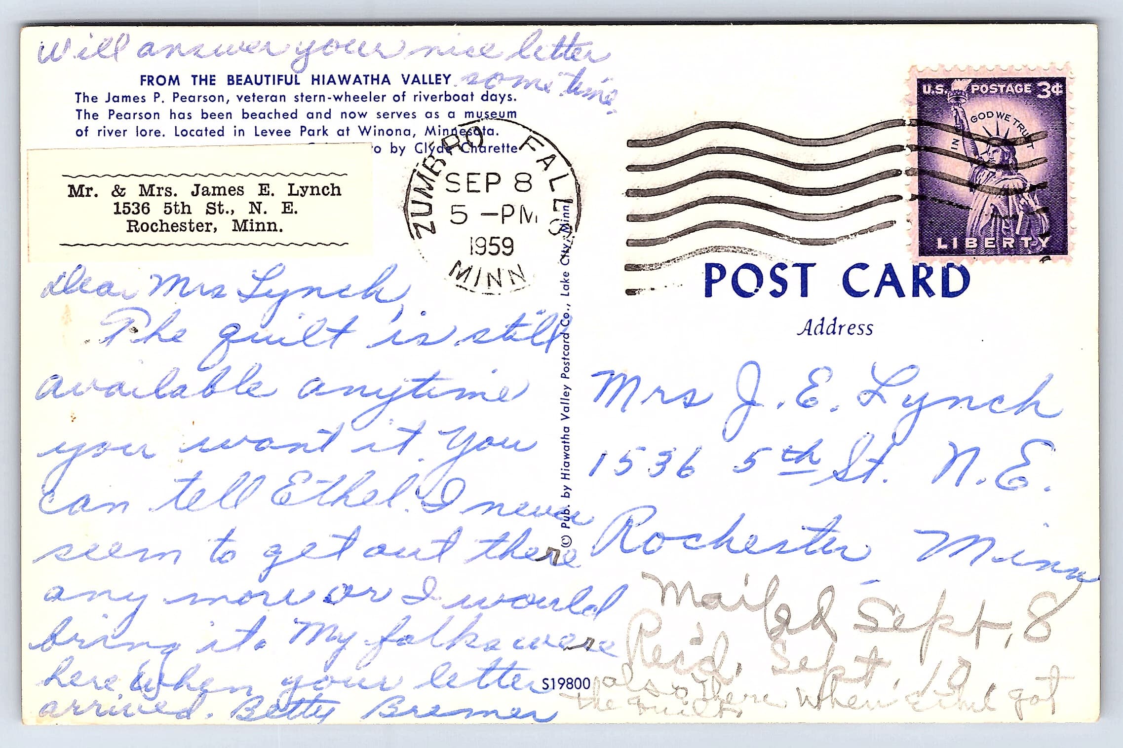 Hiawatha Valley Postcard, RPPC, James P. Pearson, Winona, MN, 1959 - Back