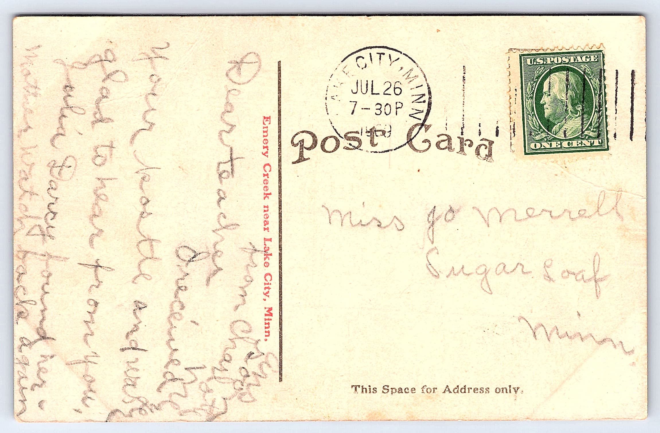 Emery Creek, Divided Back Postcard, Lake City, Minn, 1910s - Back