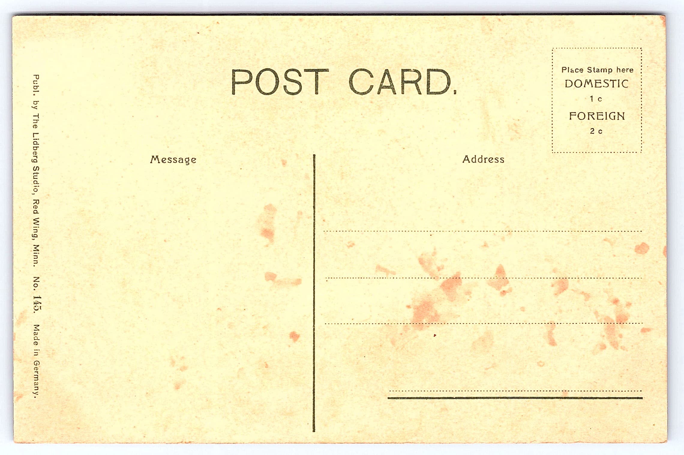 Lidberg Studio Postcard, Divided Back, Inantiopa Rock, Lake Pepin, c.1907-1915 - Back