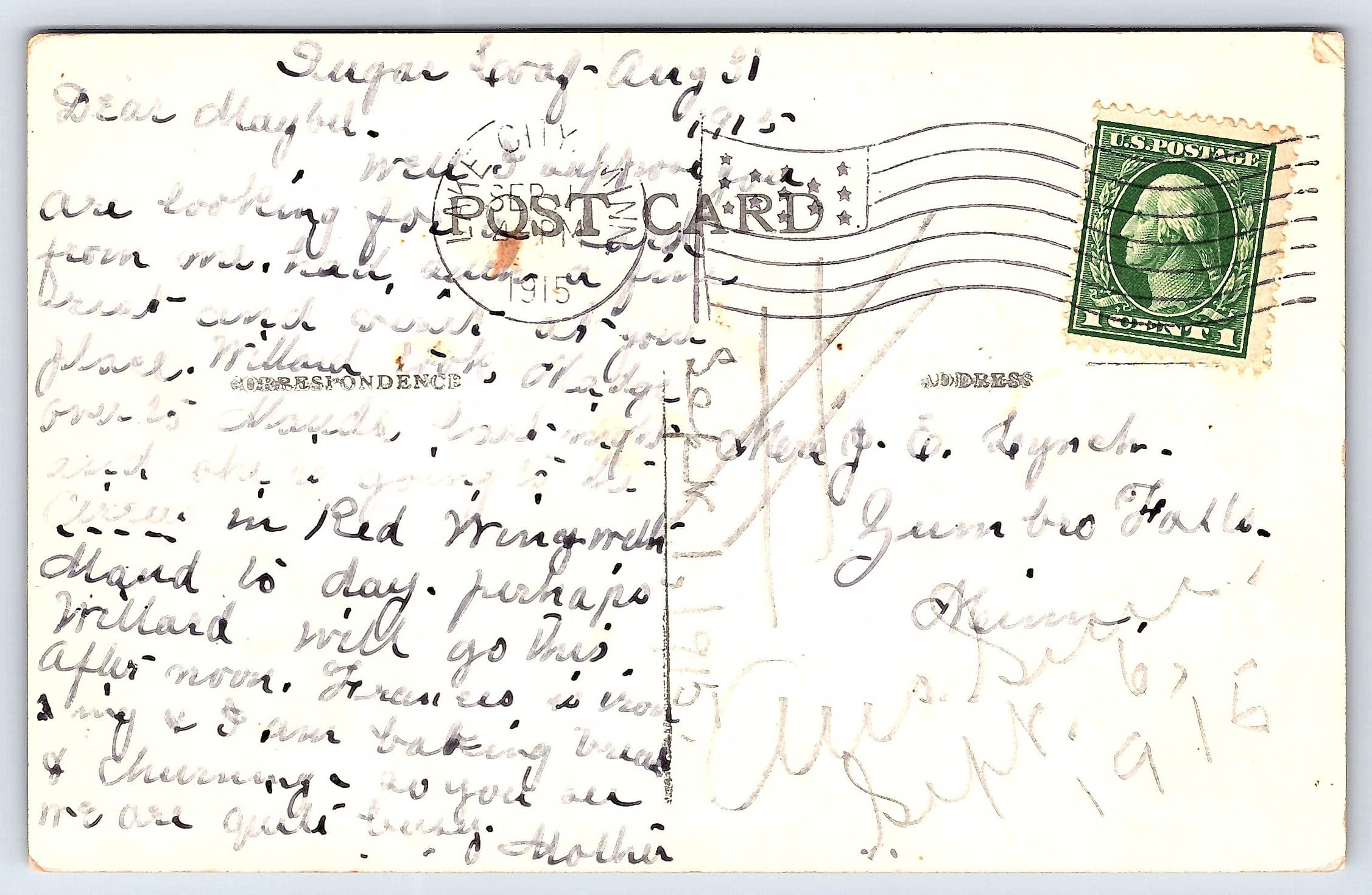 Lake City Drive, Divided Back Postcard, Lake City, Minn., 1915 - Back