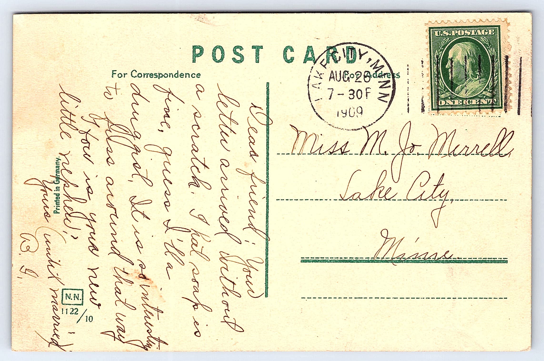 N.N. Divided Back Postcard, Oaklyn Park, Lake City, Minn., 1909 - Back