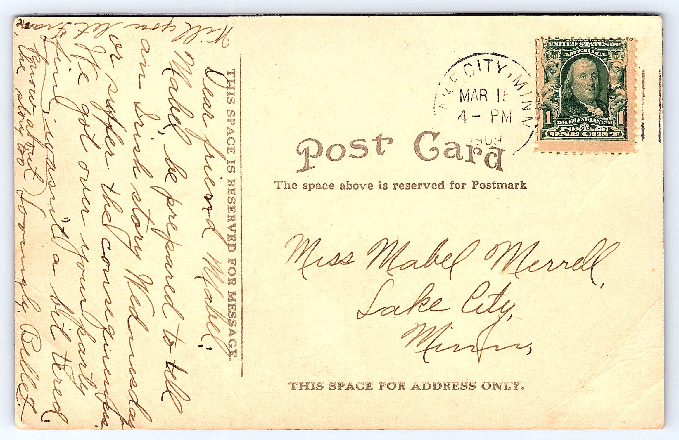 A Glimpse of Lake Pepin, Divided Back Postcard, Lake City, MN, 1908 - Back