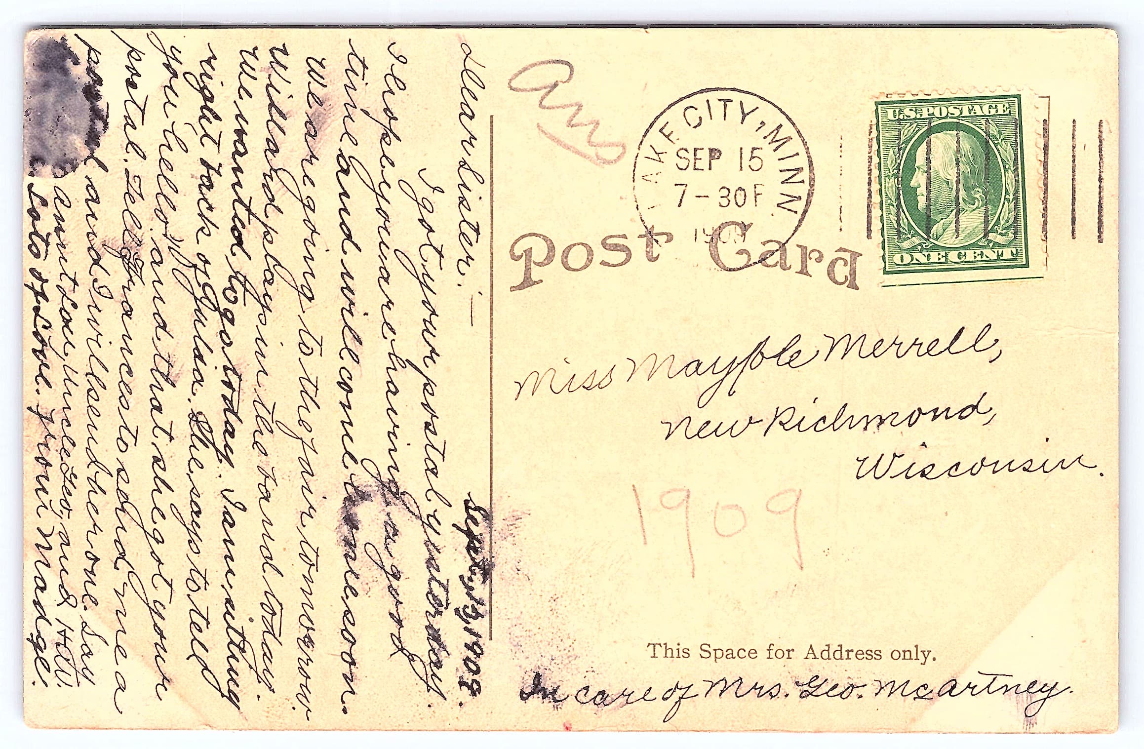View on Lake Pepin, Lake City, Minn., Divided Back, 1909 - Back