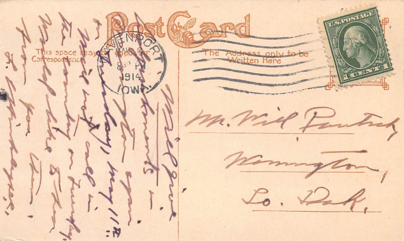 Hotel Davenport, Linen Postcard, Davenport, IA, Postmarked 1914 - Back