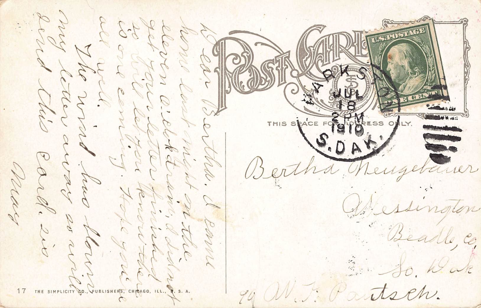 Simplicity Co. Divided Back Postcard, German Lutheran Hospital, Sioux City, 1910 - Back