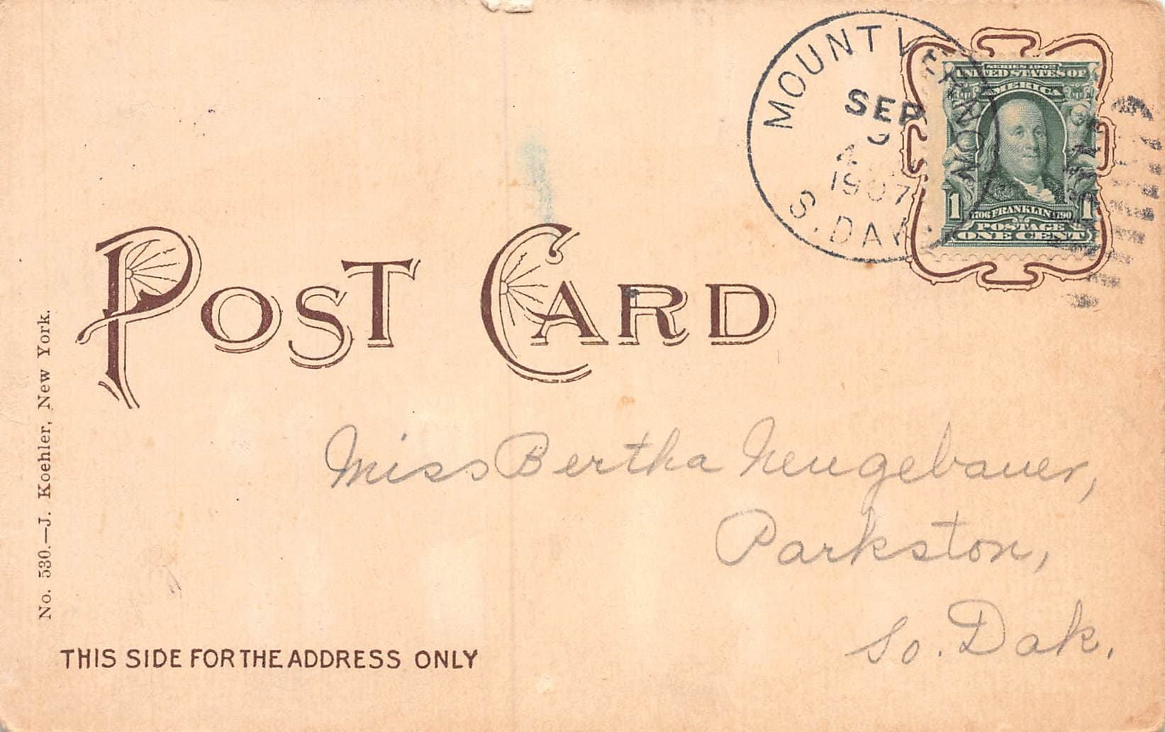 J. Koehler Undivided Back Postcard, Trinity Church, NYC, 1907 - Back