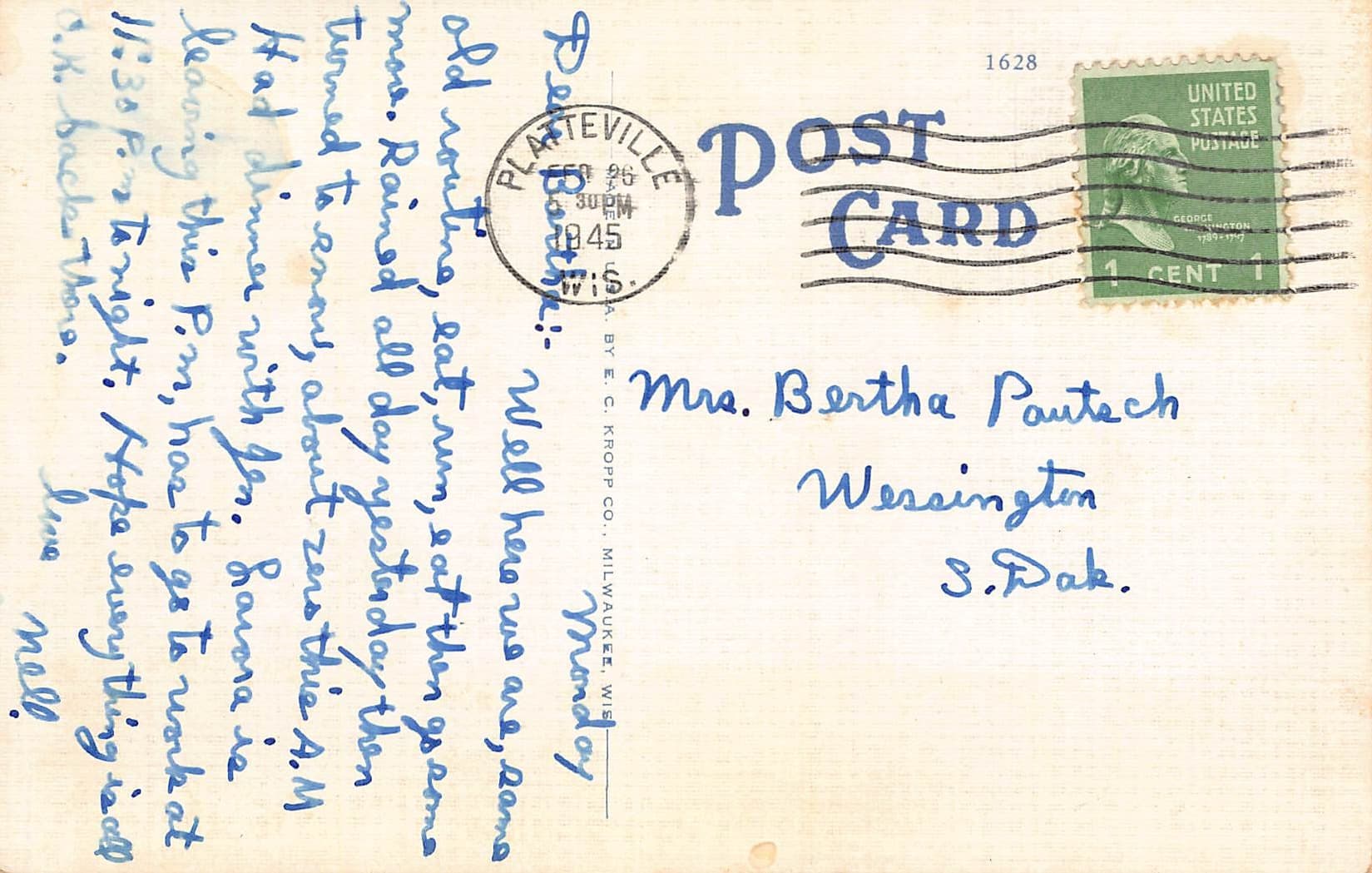 E. C. Kropp Co., Linen, State School of Mines, Platteville, WI, 1945 - Back