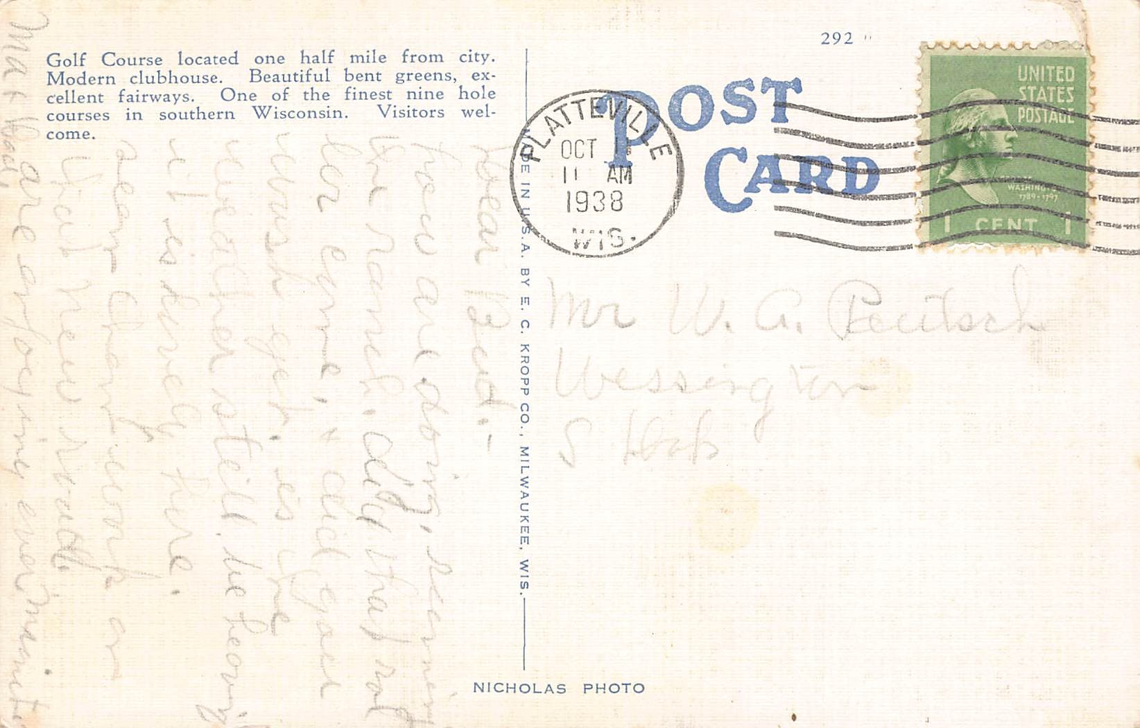 E.C. Kropp Co. Linen Postcard, Platteville Country Club, WI, 1938 - Back