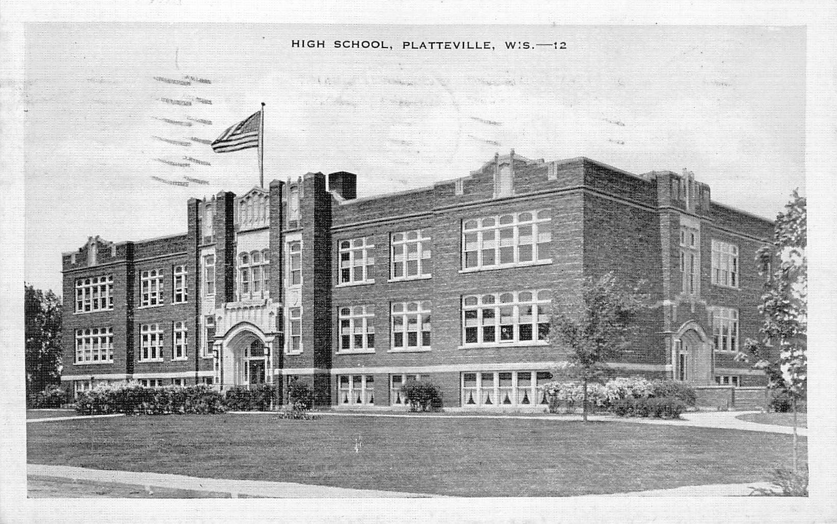 E.C. Kropp Co. Linen Postcard, High School, Platteville, WI, 1938